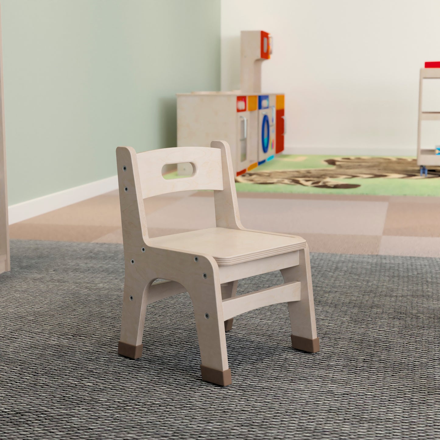 Bright Beginnings Set of 2 Commercial Grade Wooden Classroom Chairs, 9" Seat Height with Non-Slip Foot Caps and Built-In Carrying Handle, Natural Beech