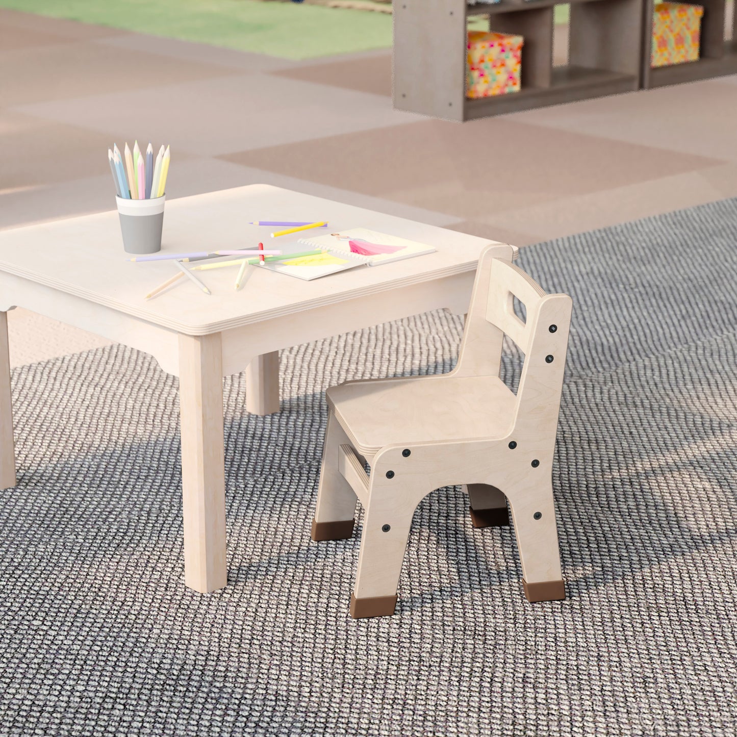 Bright Beginnings Set of 2 Commercial Grade Wooden Classroom Chairs, 9" Seat Height with Non-Slip Foot Caps and Built-In Carrying Handle, Natural Beech