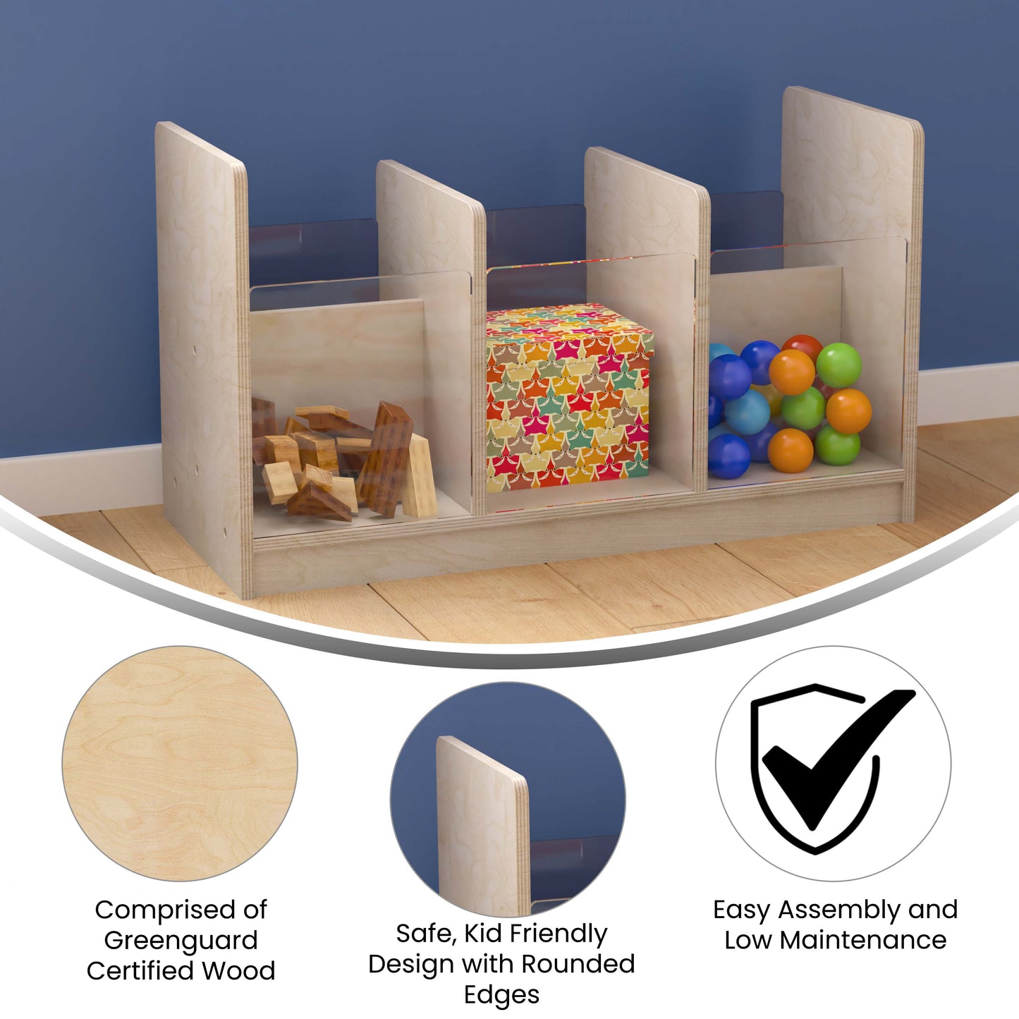 Bright Beginnings Commercial Grade Modular Double Sided Multipurpose Wooden Classroom Storage Unit with Transparent Sides, Natural Beech