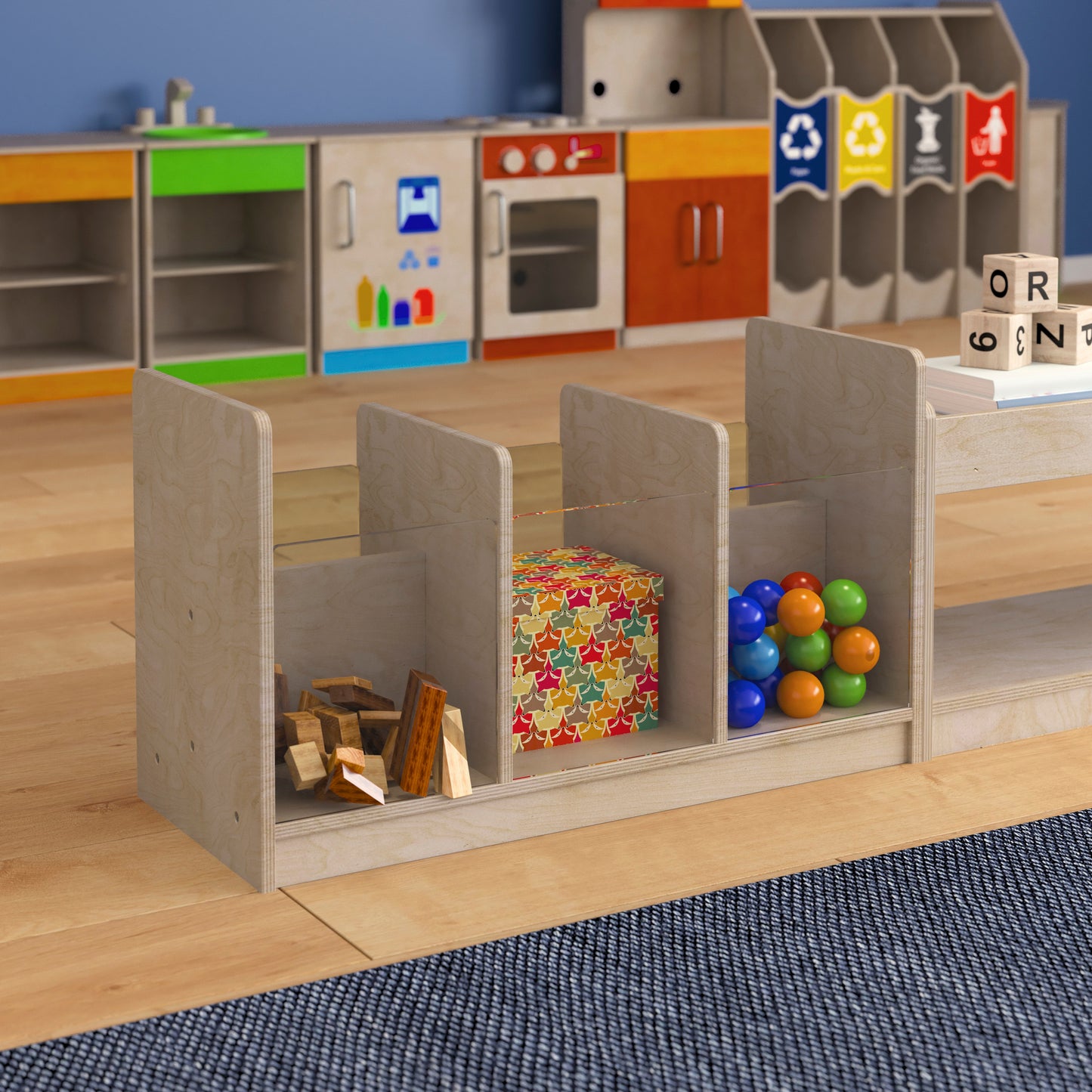 Bright Beginnings Commercial Grade Modular Double Sided Multipurpose Wooden Classroom Storage Unit with Transparent Sides, Natural Beech