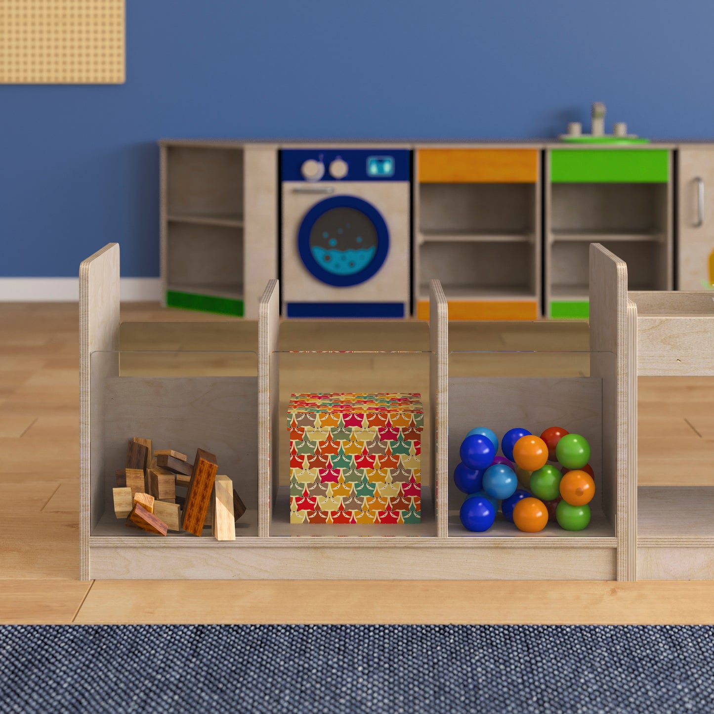 Bright Beginnings Commercial Grade Modular Double Sided Multipurpose Wooden Classroom Storage Unit with Transparent Sides, Natural Beech