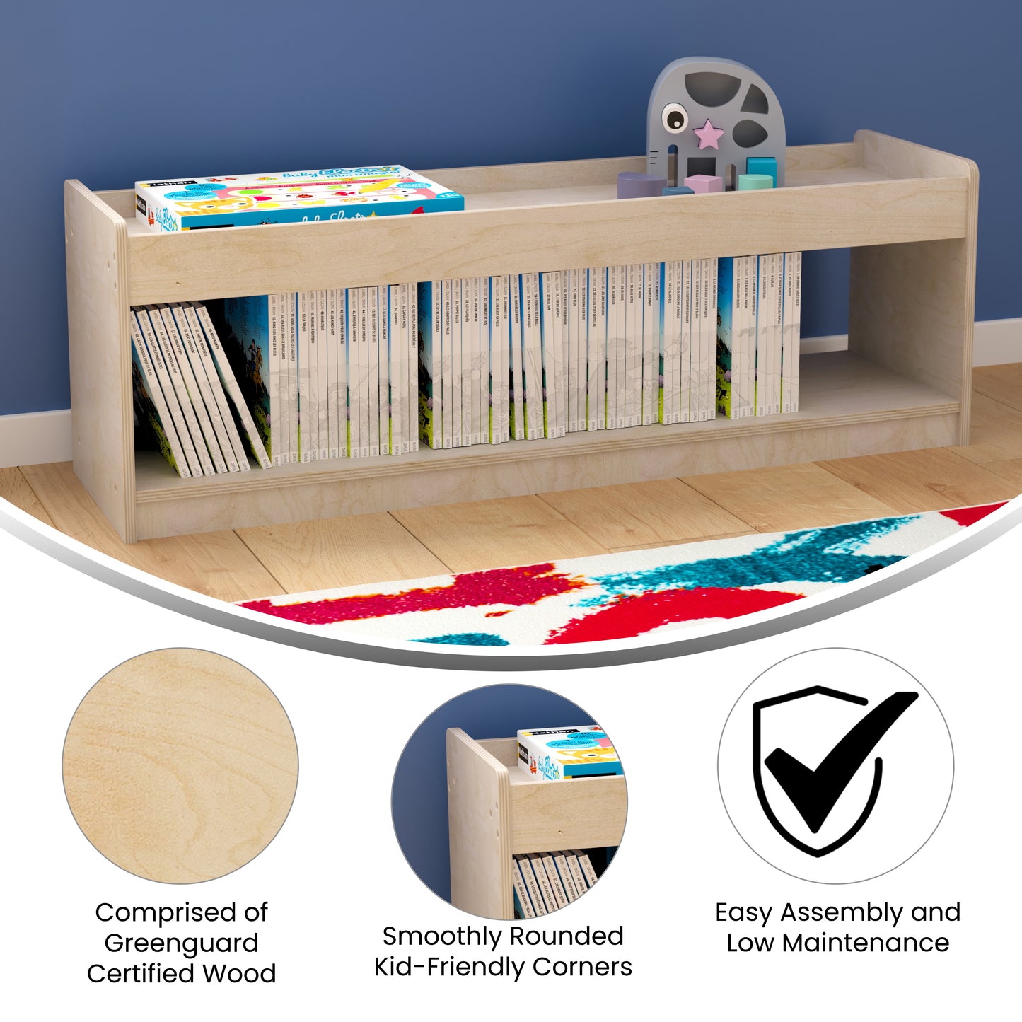 Bright Beginnings Commercial Grade Modular Wooden Classroom Open Storage Unit with Upper Shelf with Raised Edges, Natural Beech