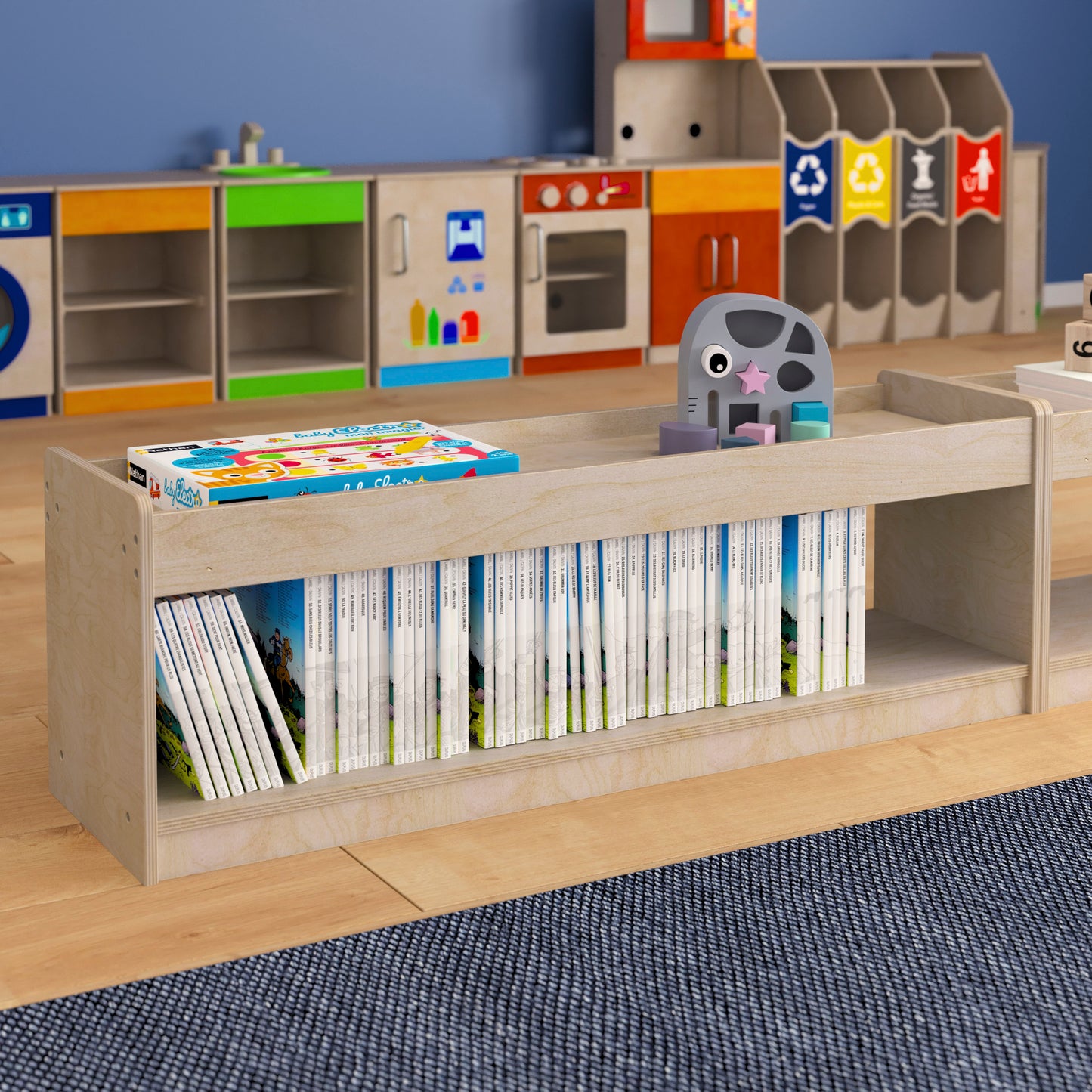 Bright Beginnings Commercial Grade Modular Wooden Classroom Open Storage Unit with Upper Shelf with Raised Edges, Natural Beech