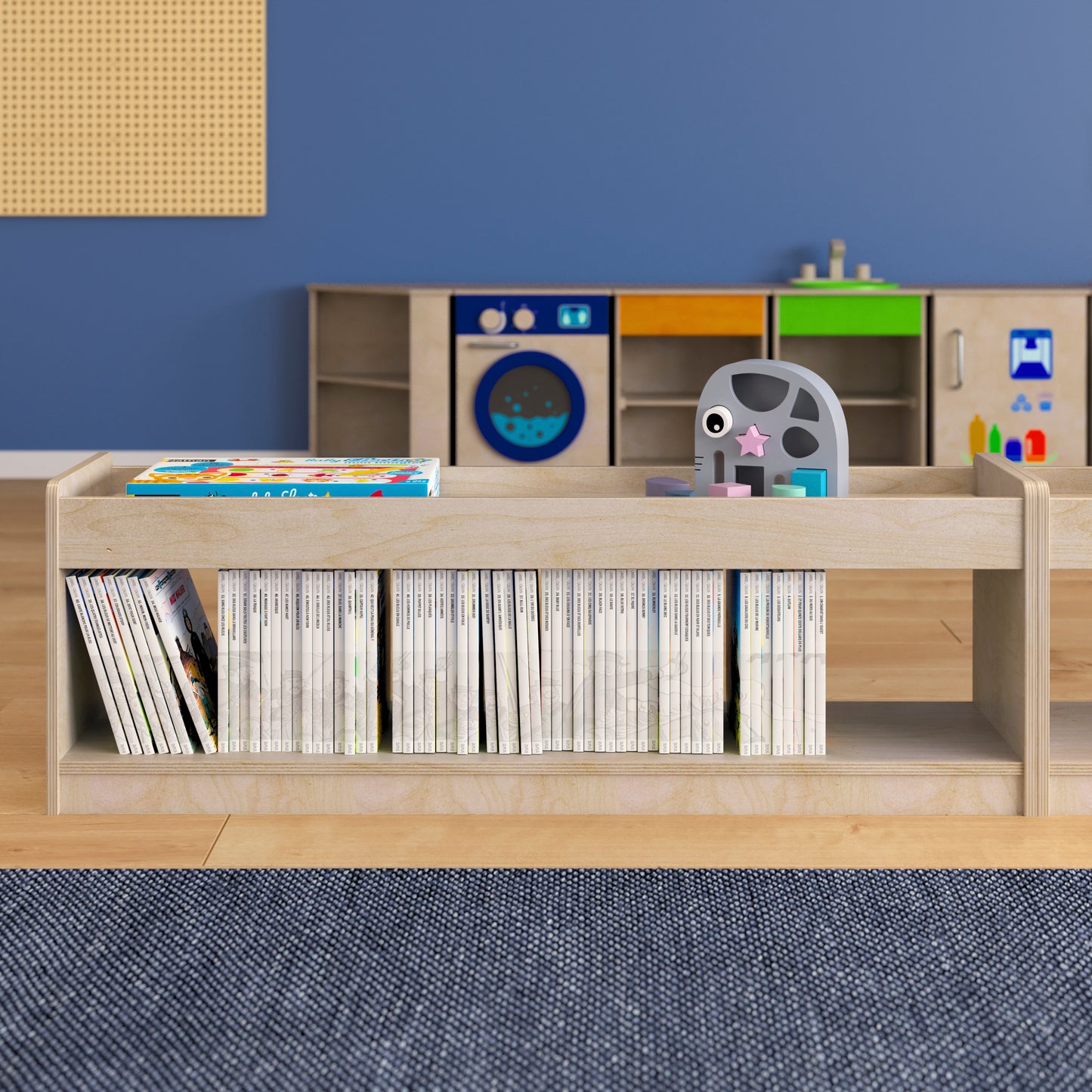 Bright Beginnings Commercial Grade Modular Wooden Classroom Open Storage Unit with Upper Shelf with Raised Edges, Natural Beech