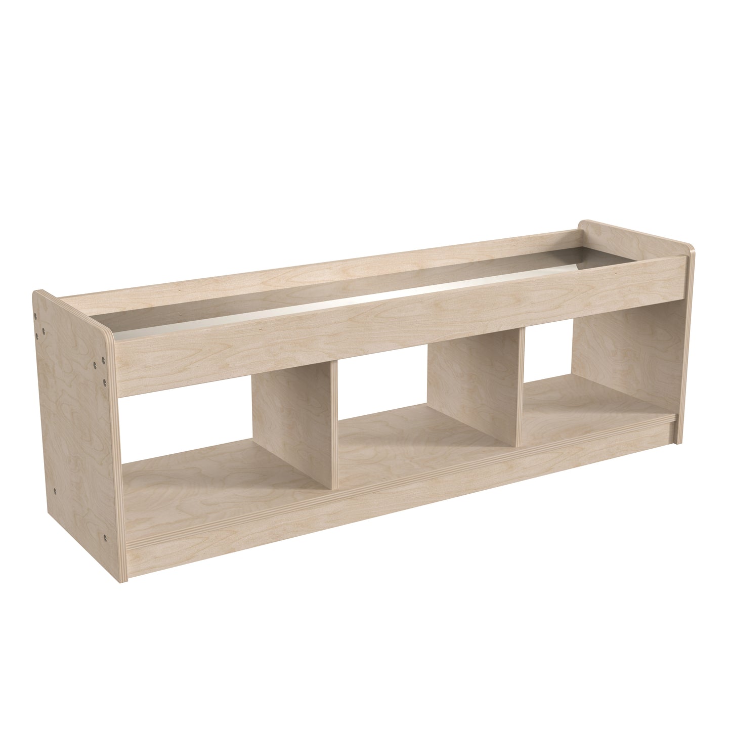 Bright Beginnings Commercial Grade Modular Wooden Classroom 2 Sided, 3 Section, Open Storage Unit with Mirrored Top and Raised Upper Edges, Natural Beech
