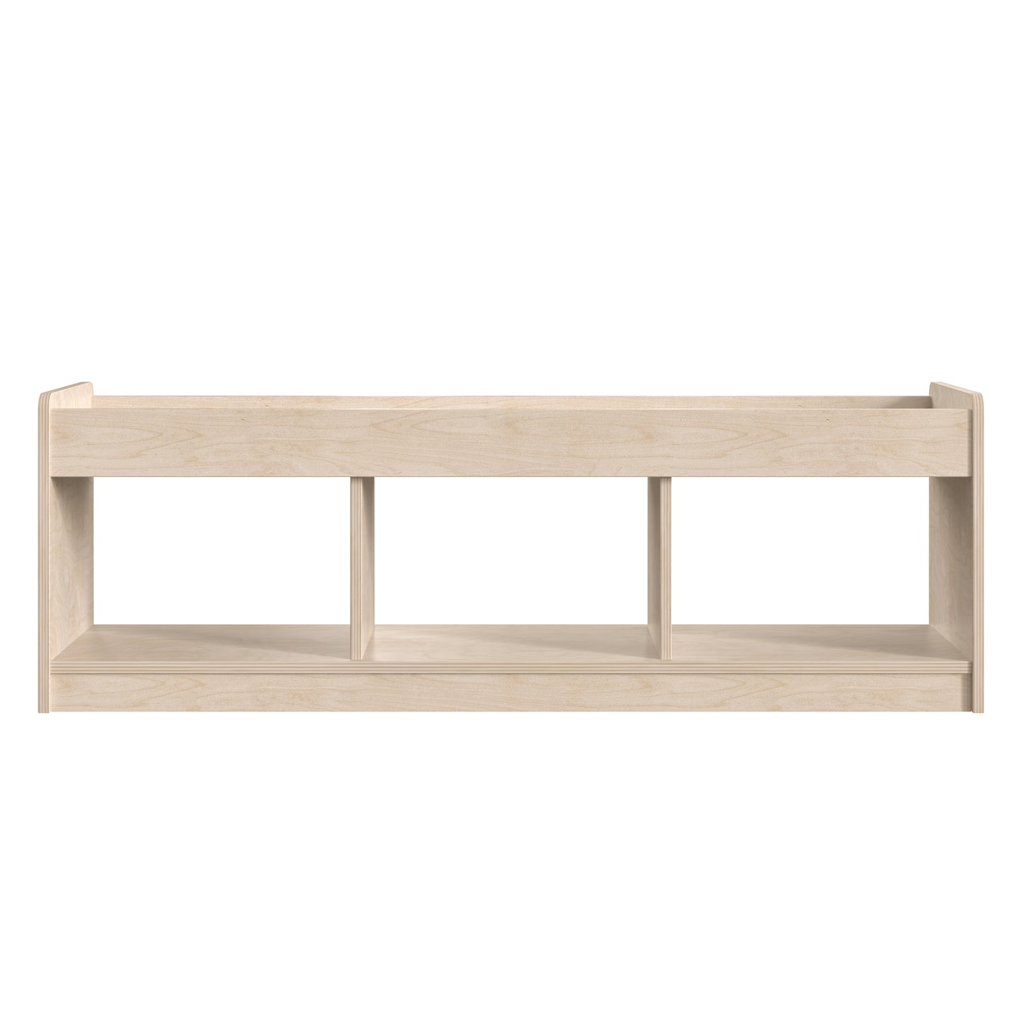 Bright Beginnings Commercial Grade Modular Wooden Classroom 2 Sided, 3 Section, Open Storage Unit with Mirrored Top and Raised Upper Edges, Natural Beech