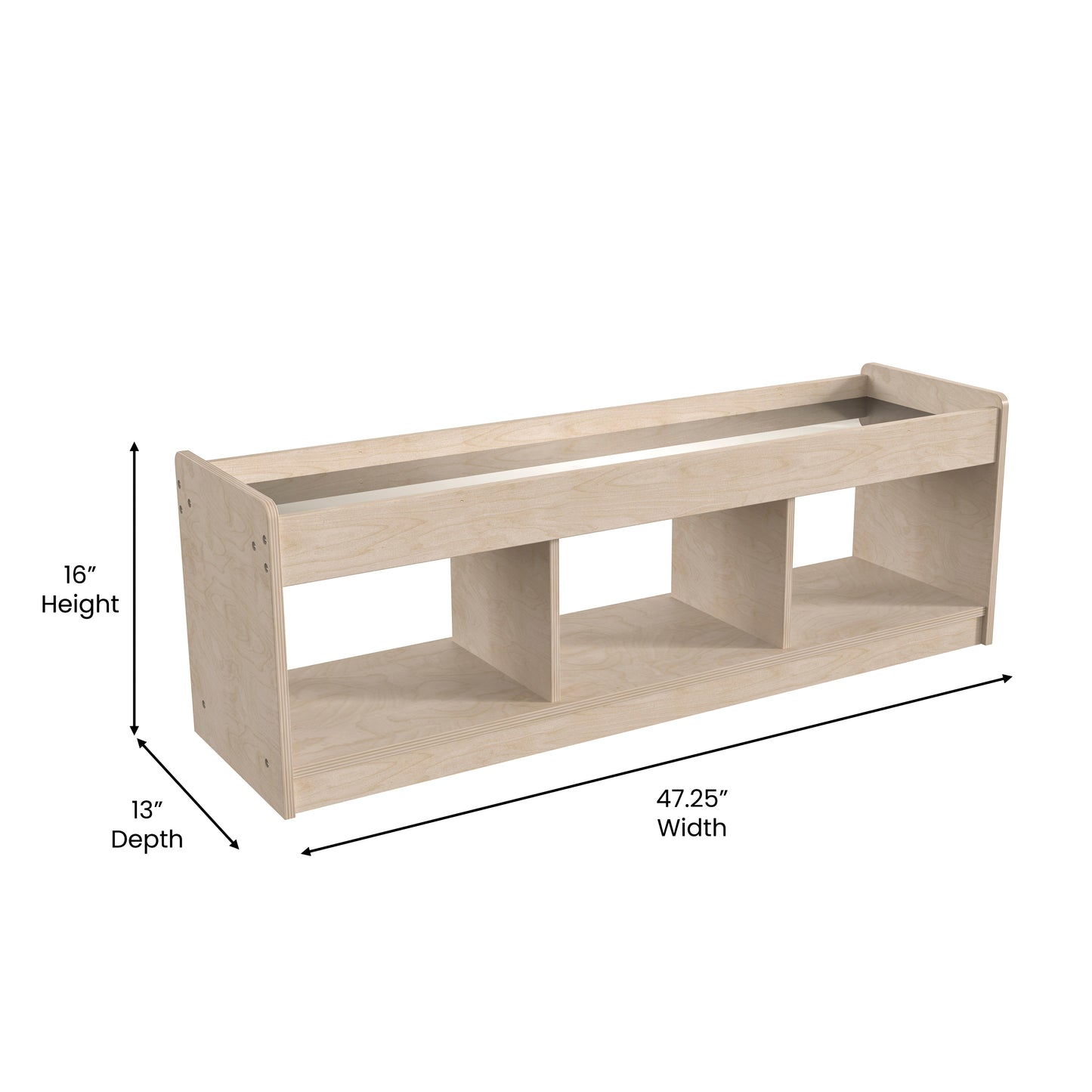 Bright Beginnings Commercial Grade Modular Wooden Classroom 2 Sided, 3 Section, Open Storage Unit with Mirrored Top and Raised Upper Edges, Natural Beech