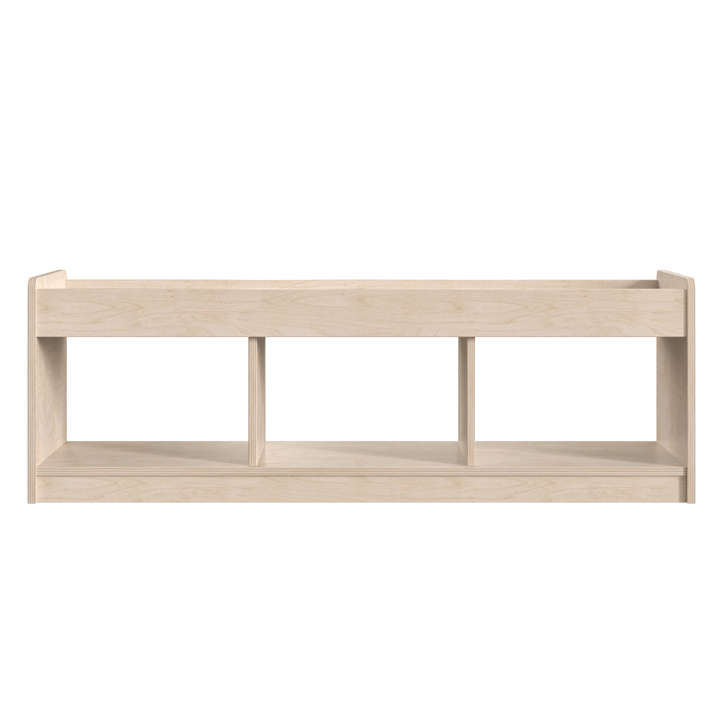 Bright Beginnings Commercial Grade Modular Wooden Classroom 2 Sided, 3 Section, Open Storage Unit with Mirrored Top and Raised Upper Edges, Natural Beech