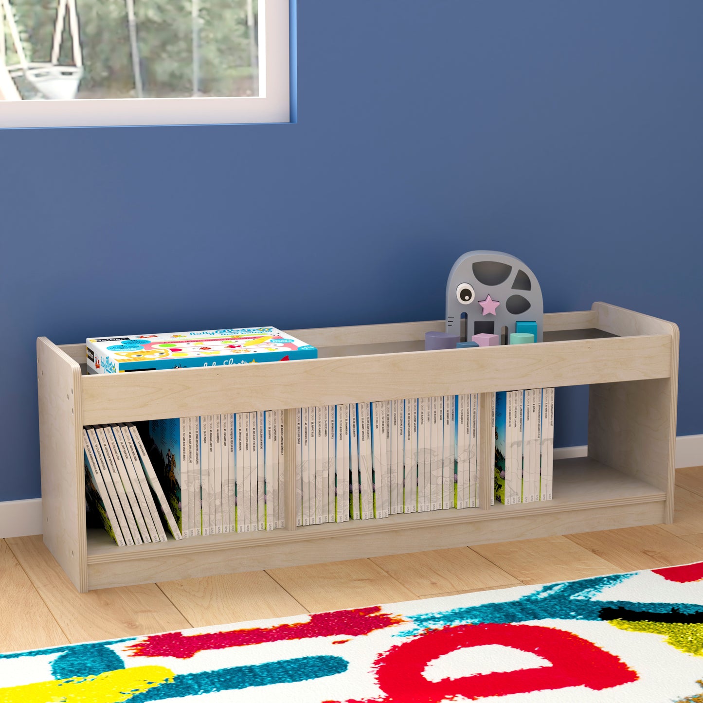 Bright Beginnings Commercial Grade Modular Wooden Classroom 2 Sided, 3 Section, Open Storage Unit with Mirrored Top and Raised Upper Edges, Natural Beech