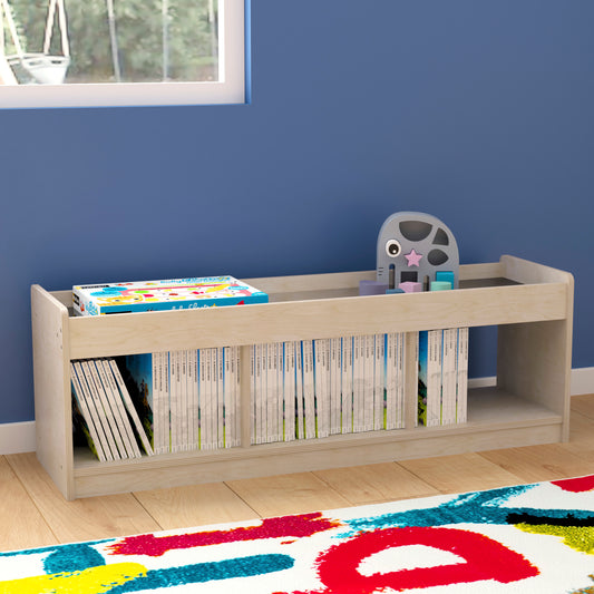 Bright Beginnings Commercial Grade Modular Wooden Classroom 2 Sided, 3 Section, Open Storage Unit with Mirrored Top and Raised Upper Edges, Natural Beech