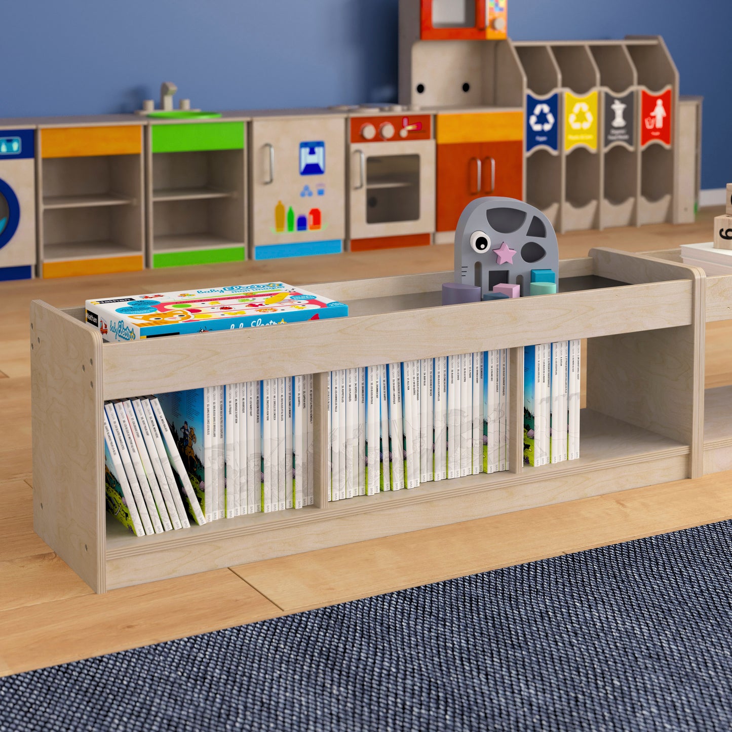Bright Beginnings Commercial Grade Modular Wooden Classroom 2 Sided, 3 Section, Open Storage Unit with Mirrored Top and Raised Upper Edges, Natural Beech