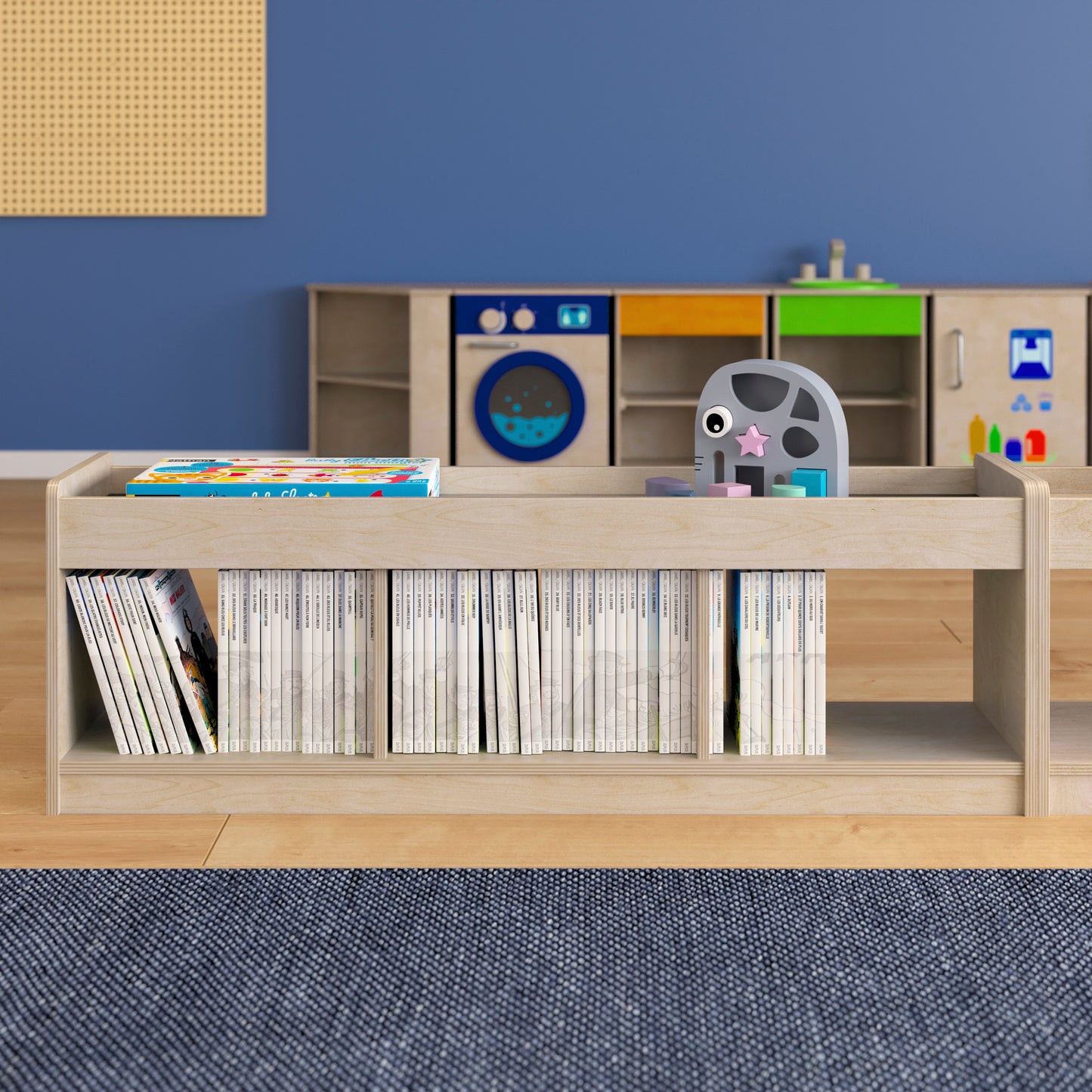 Bright Beginnings Commercial Grade Modular Wooden Classroom 2 Sided, 3 Section, Open Storage Unit with Mirrored Top and Raised Upper Edges, Natural Beech