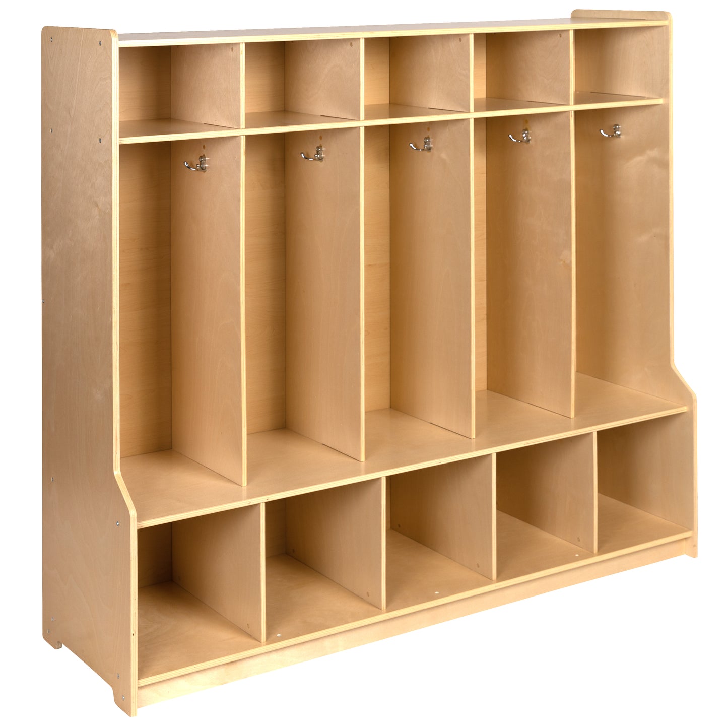 Hercules Wooden 5 Section School Coat Locker with Bench, Cubbies, and Storage Organizer Hook-Safe, Kid Friendly Design - 48"H x 48"L (Natural) Natural