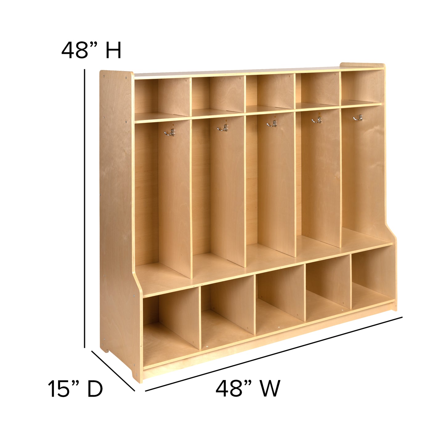 Hercules Wooden 5 Section School Coat Locker with Bench, Cubbies, and Storage Organizer Hook-Safe, Kid Friendly Design - 48"H x 48"L (Natural) Natural
