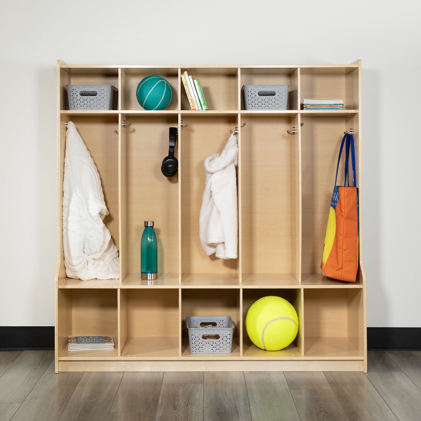 Hercules Wooden 5 Section School Coat Locker with Bench, Cubbies, and Storage Organizer Hook-Safe, Kid Friendly Design - 48"H x 48"L (Natural) Natural