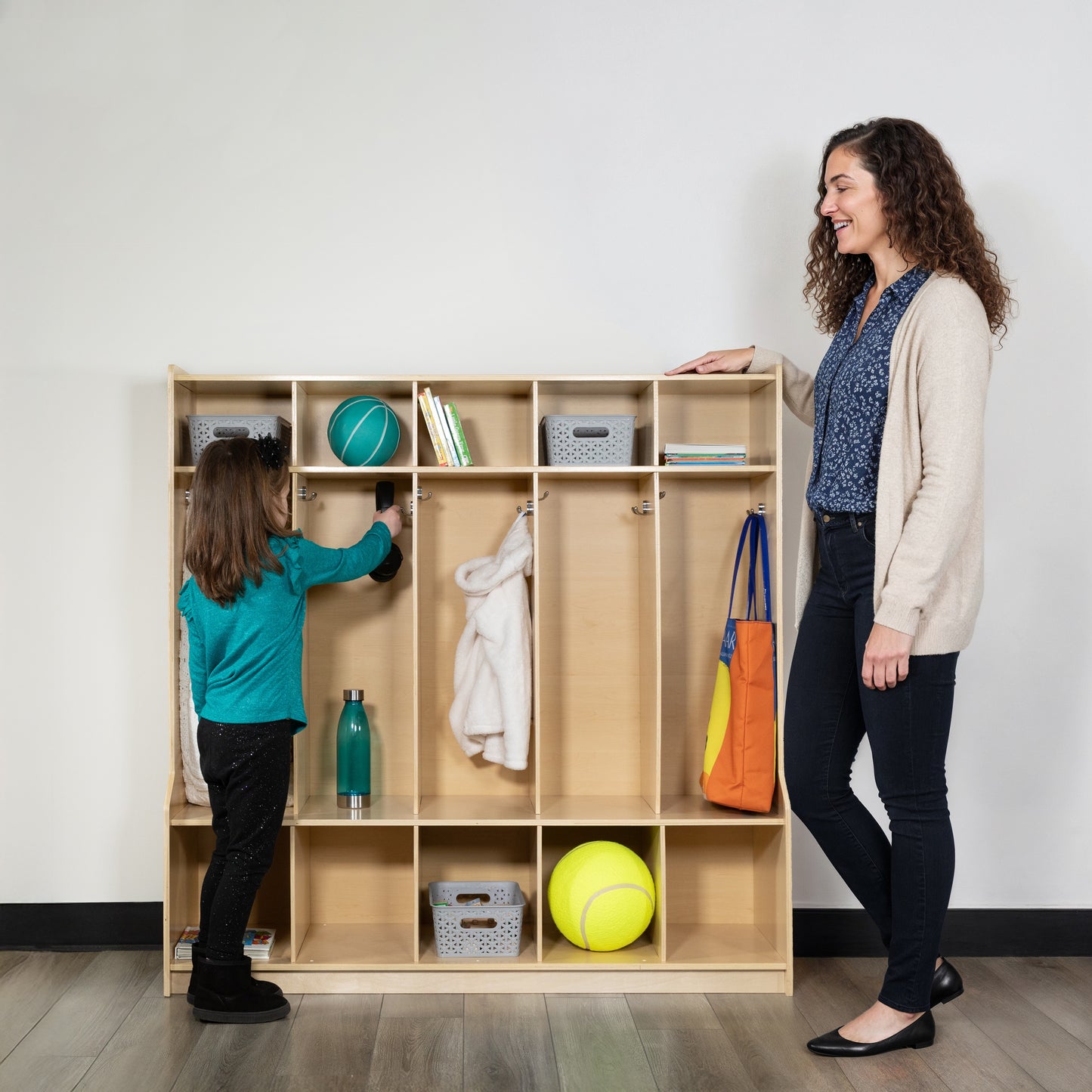 Hercules Wooden 5 Section School Coat Locker with Bench, Cubbies, and Storage Organizer Hook-Safe, Kid Friendly Design - 48"H x 48"L (Natural) Natural