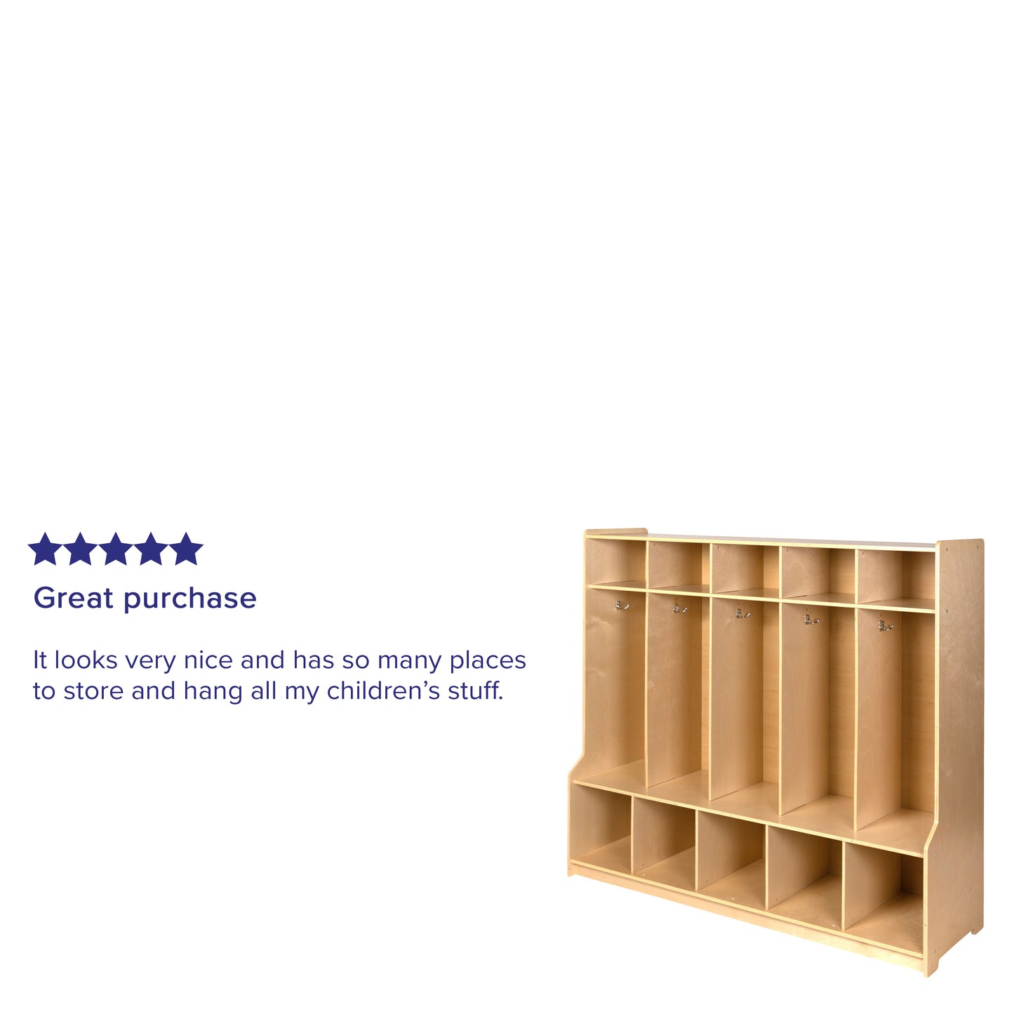 Hercules Wooden 5 Section School Coat Locker with Bench, Cubbies, and Storage Organizer Hook-Safe, Kid Friendly Design - 48"H x 48"L (Natural) Natural
