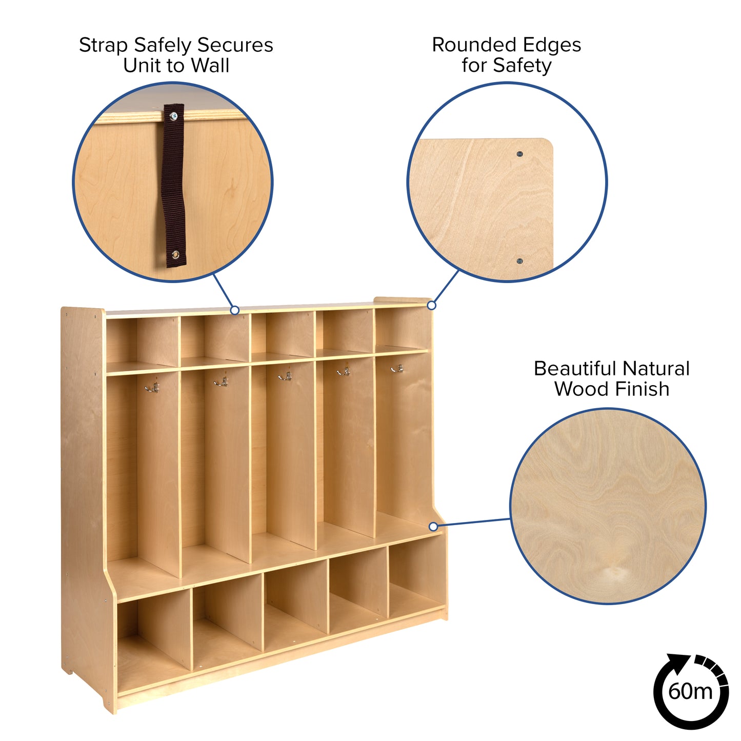 Hercules Wooden 5 Section School Coat Locker with Bench, Cubbies, and Storage Organizer Hook-Safe, Kid Friendly Design - 48"H x 48"L (Natural) Natural