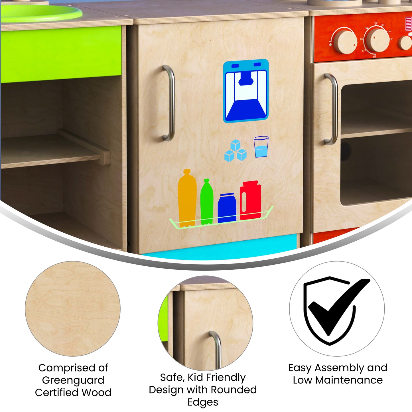 Bright Beginnings Commercial Grade Green Guard Certified Wooden Children's Kitchen Refrigerator with Integrated Storage Beech