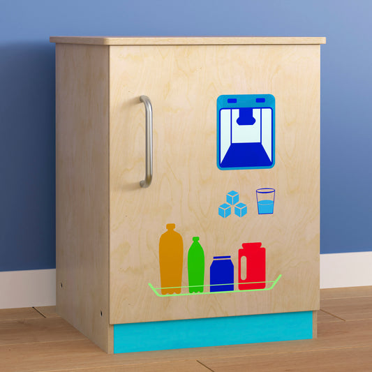 Bright Beginnings Commercial Grade Green Guard Certified Wooden Children's Kitchen Refrigerator with Integrated Storage Beech