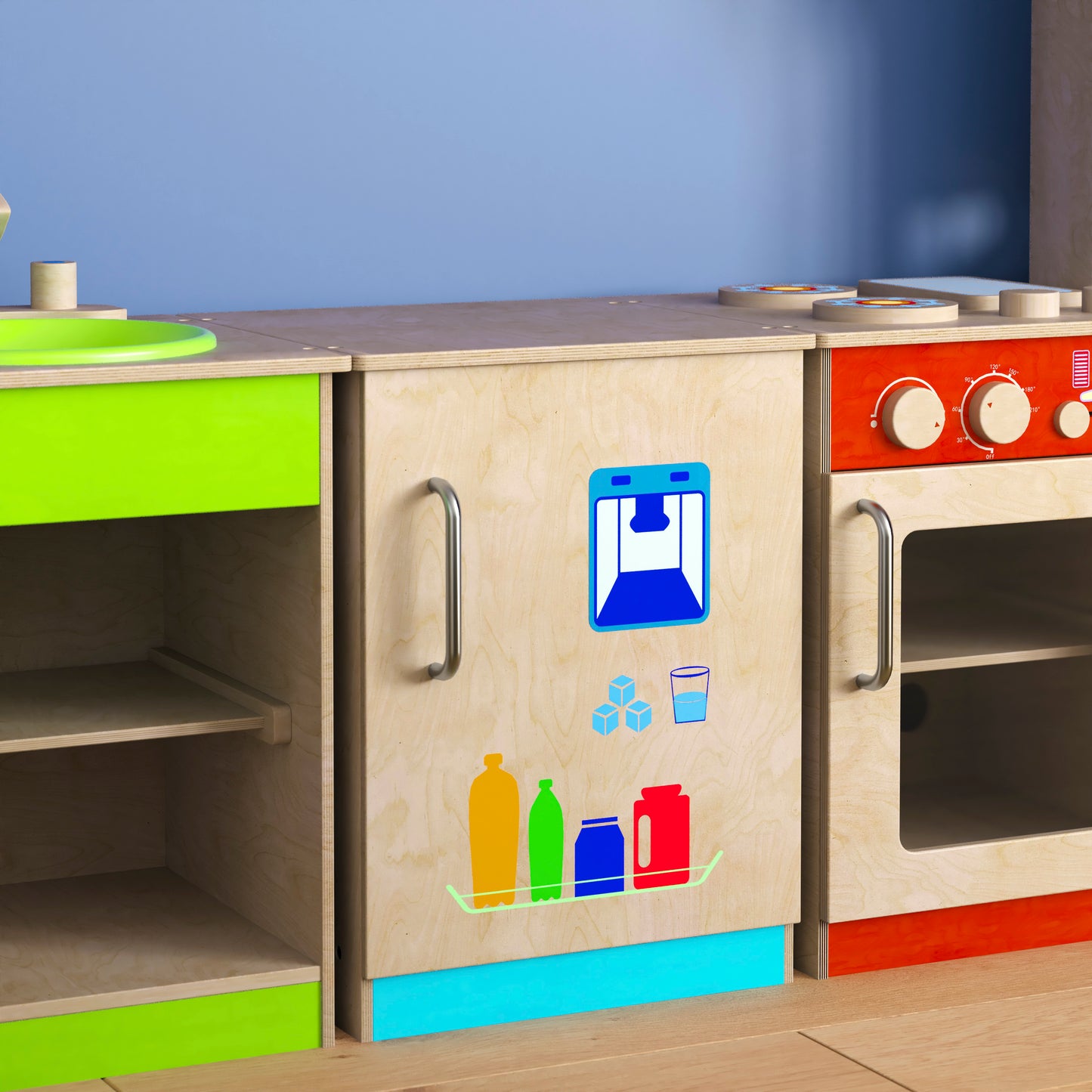 Bright Beginnings Commercial Grade Green Guard Certified Wooden Children's Kitchen Refrigerator with Integrated Storage Beech
