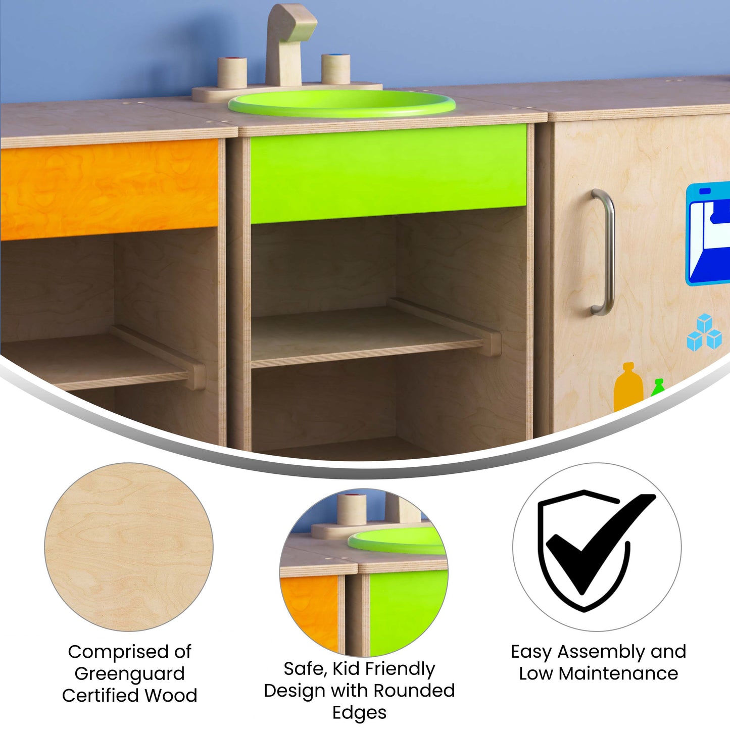 Bright Beginnings Commercial Grade Wooden Children's Kitchen Sink with Integrated Storage Beech