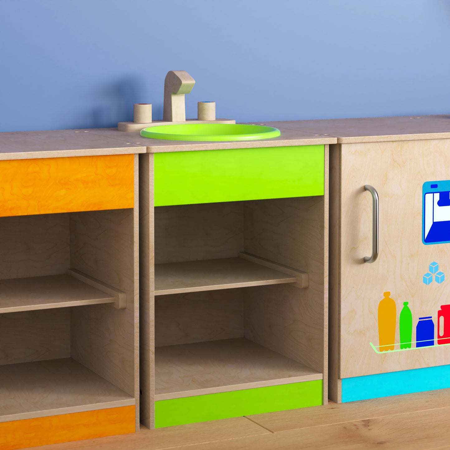 Bright Beginnings Commercial Grade Wooden Children's Kitchen Sink with Integrated Storage Beech