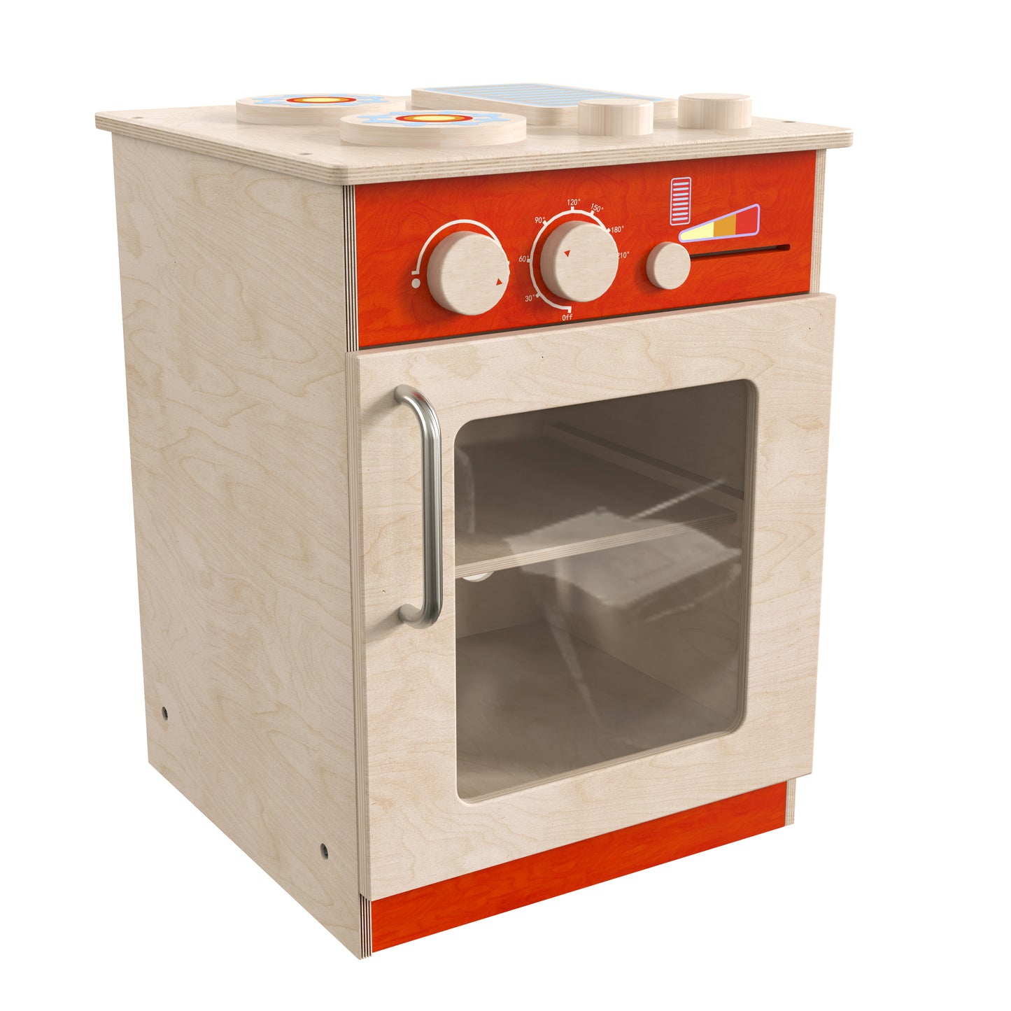 Bright Beginnings Commercial Grade Wooden Children's Kitchen Stove with Integrated Storage Beech