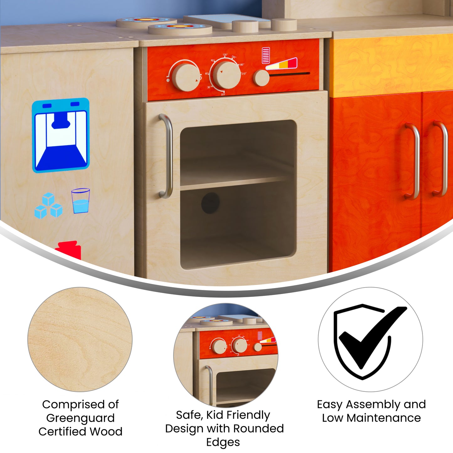 Bright Beginnings Commercial Grade Wooden Children's Kitchen Stove with Integrated Storage Beech