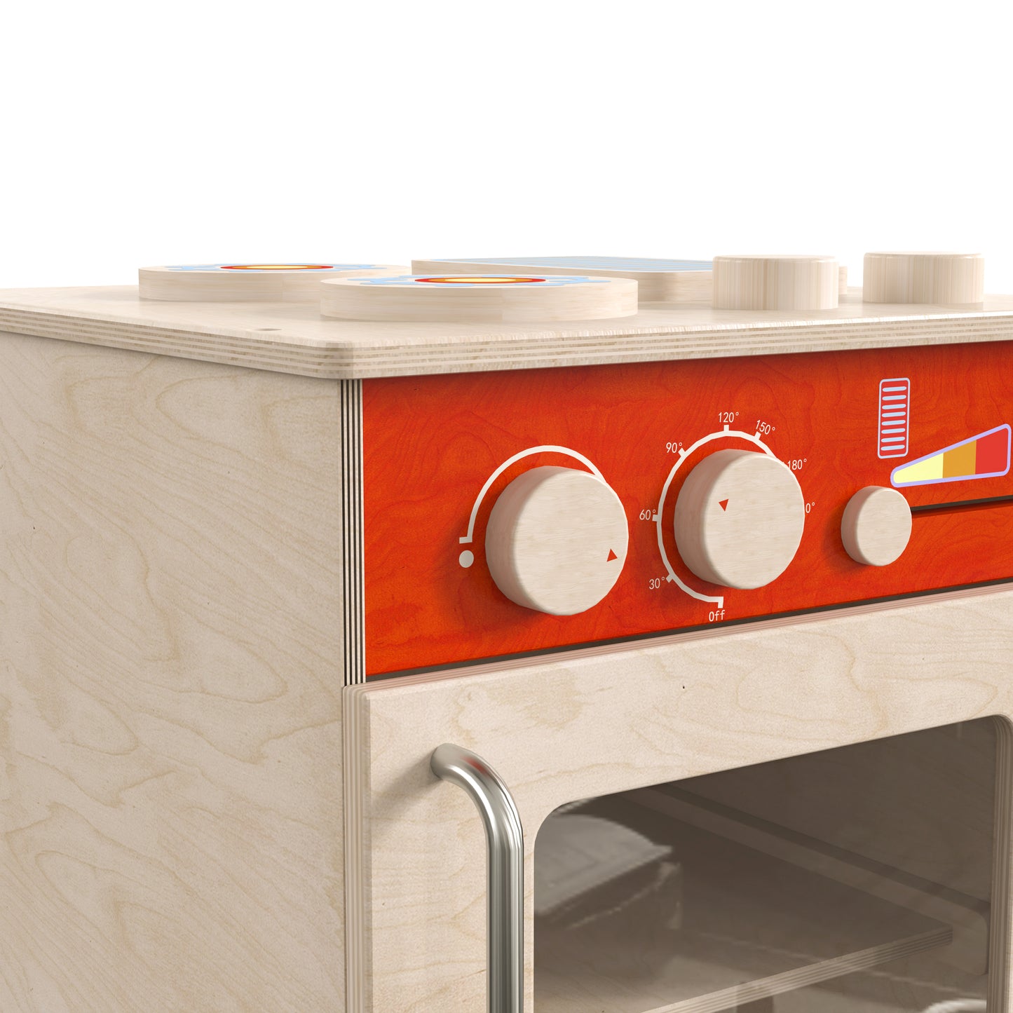 Bright Beginnings Commercial Grade Wooden Children's Kitchen Stove with Integrated Storage Beech