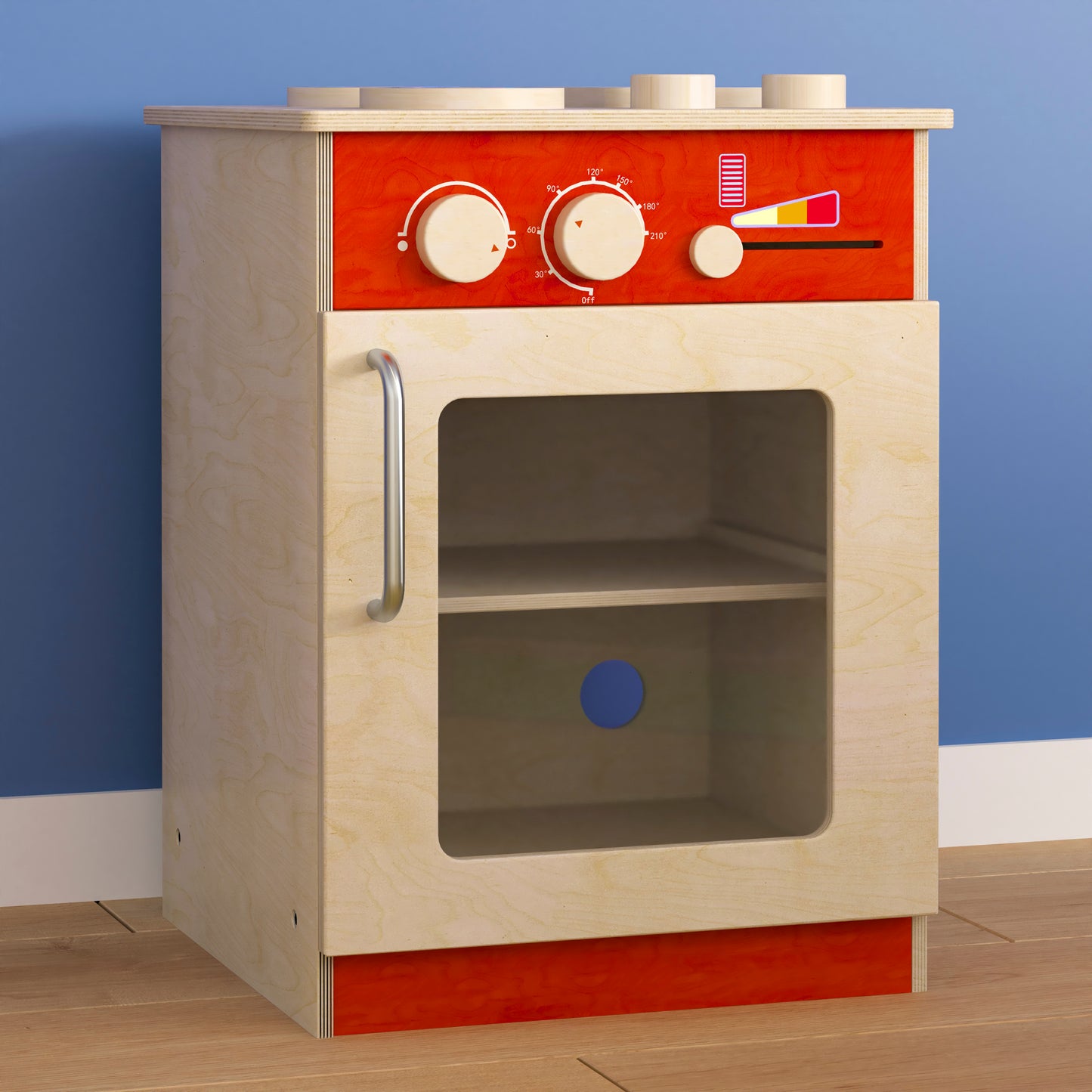Bright Beginnings Commercial Grade Wooden Children's Kitchen Stove with Integrated Storage Beech