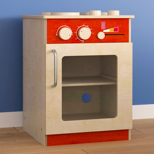 Bright Beginnings Commercial Grade Wooden Children's Kitchen Stove with Integrated Storage Beech