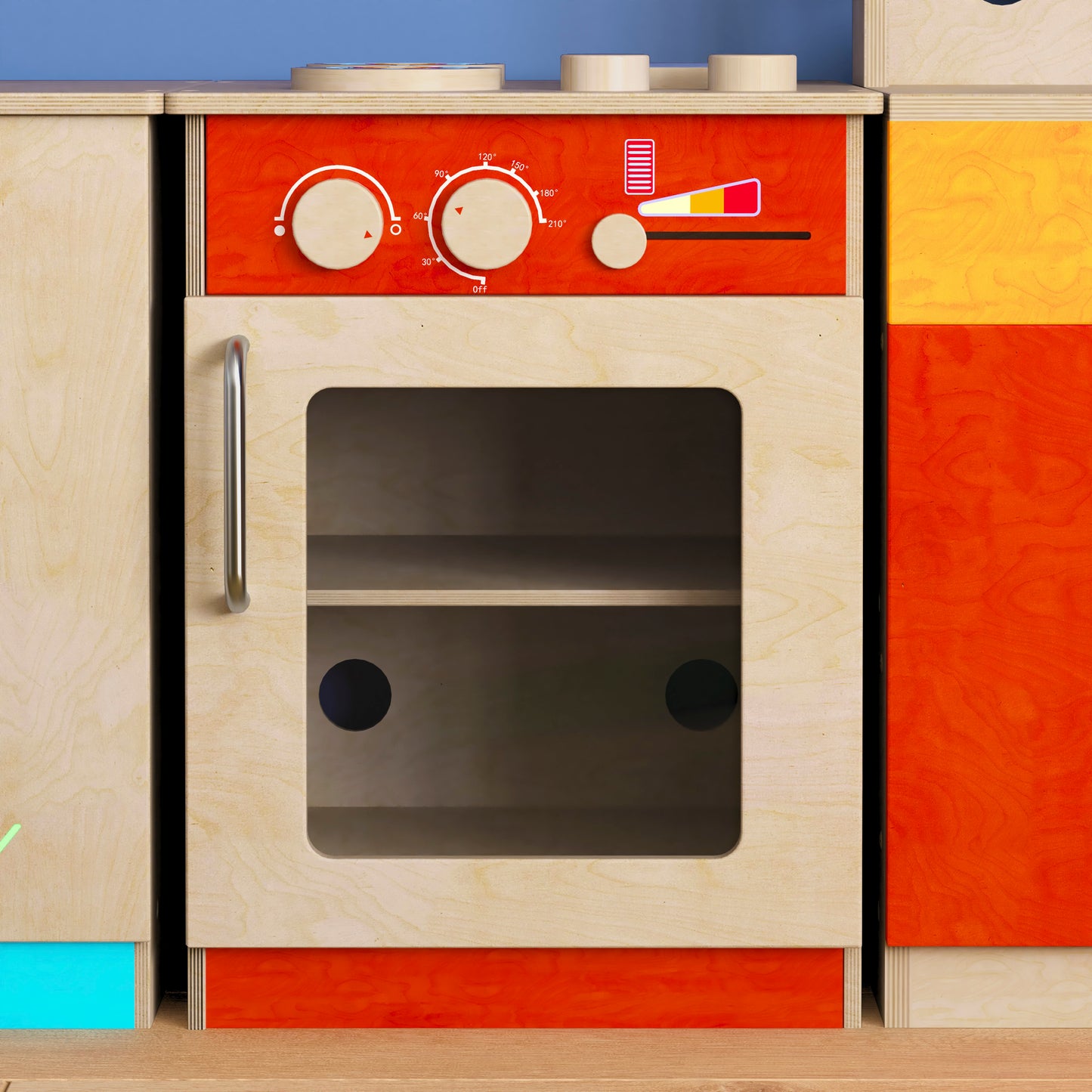 Bright Beginnings Commercial Grade Wooden Children's Kitchen Stove with Integrated Storage Beech
