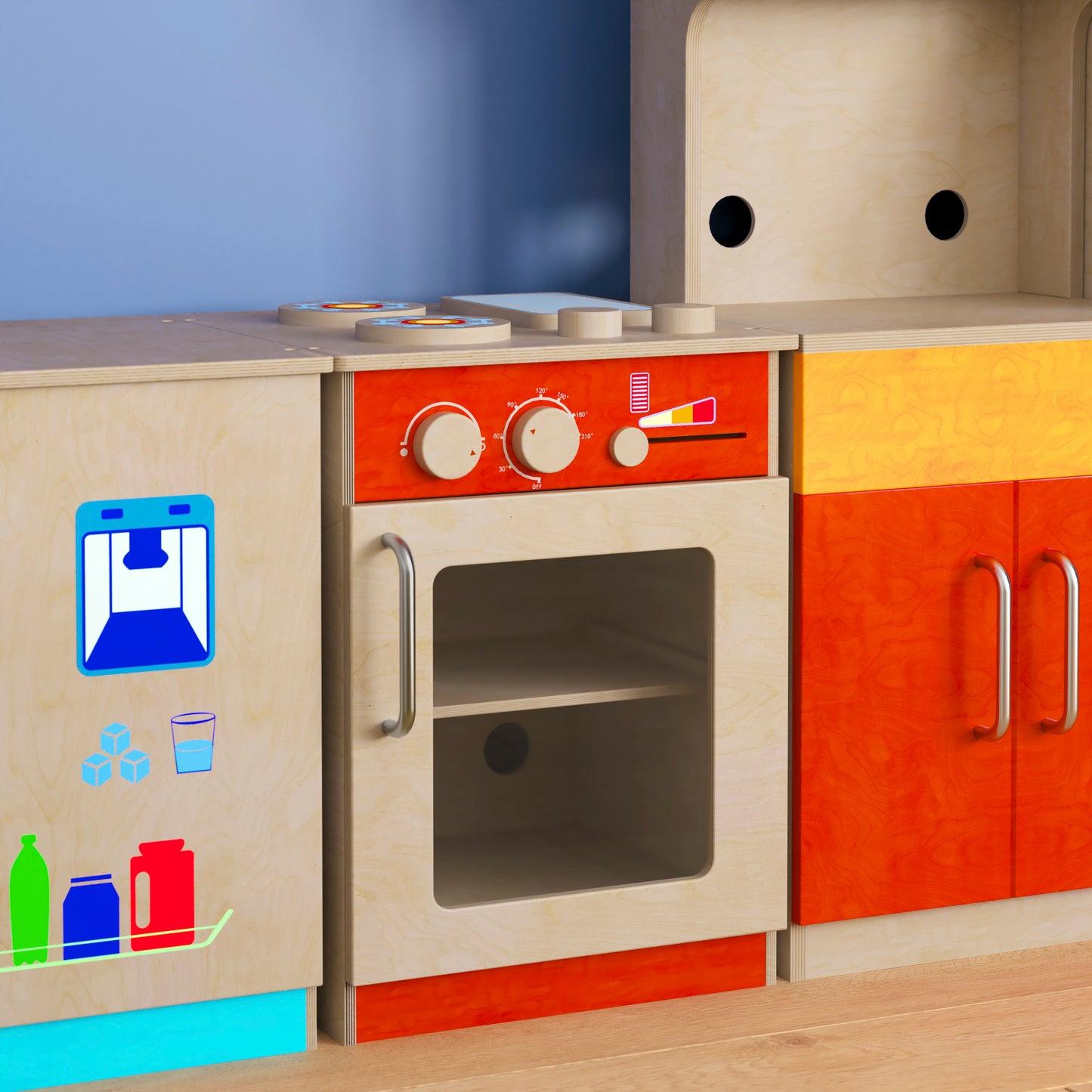 Bright Beginnings Commercial Grade Wooden Children's Kitchen Stove with Integrated Storage Beech