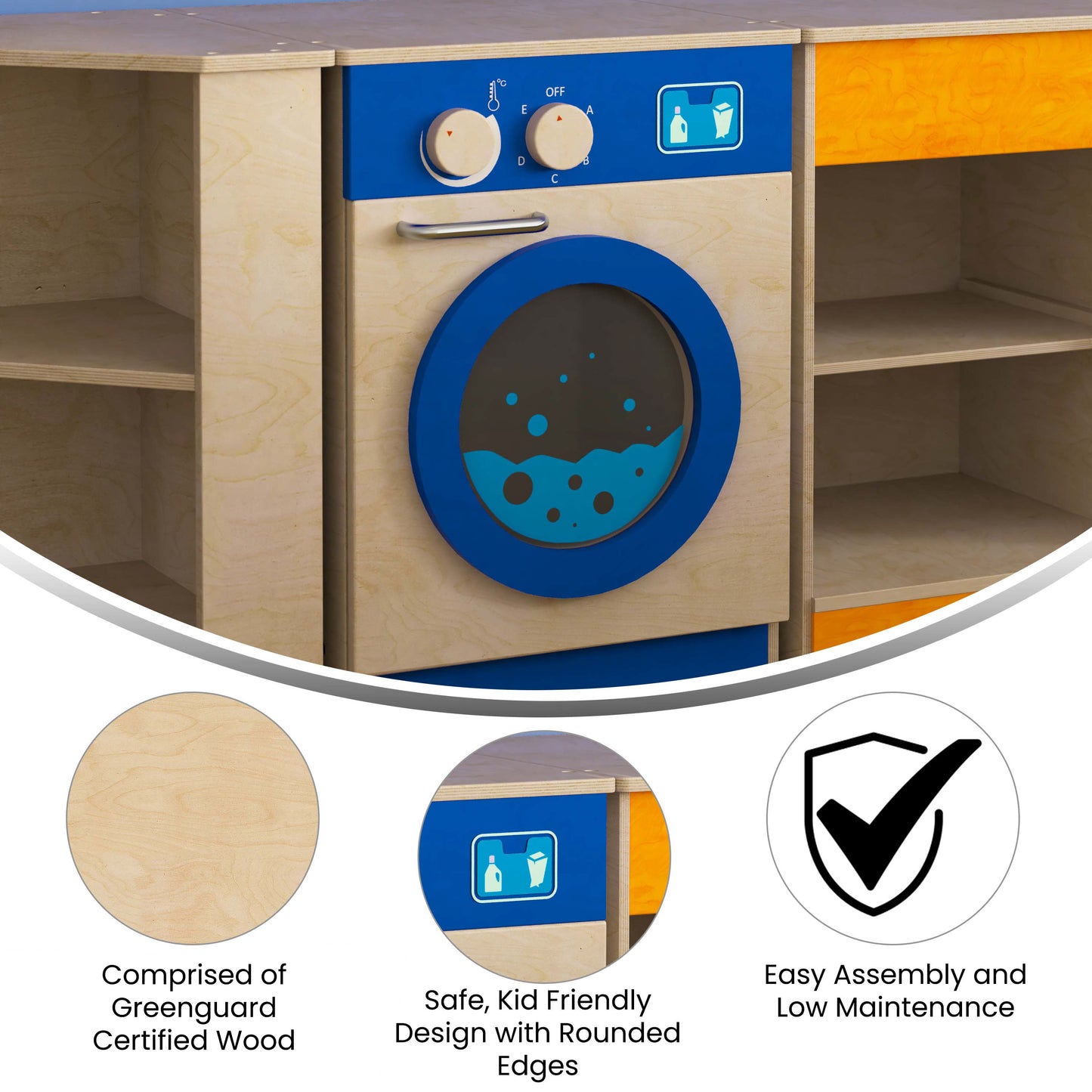 Bright Beginnings Commercial Grade Wooden Kid's Washing Machine with Integrated Storage and Turning Knobs Beech MK-ME03546-GG