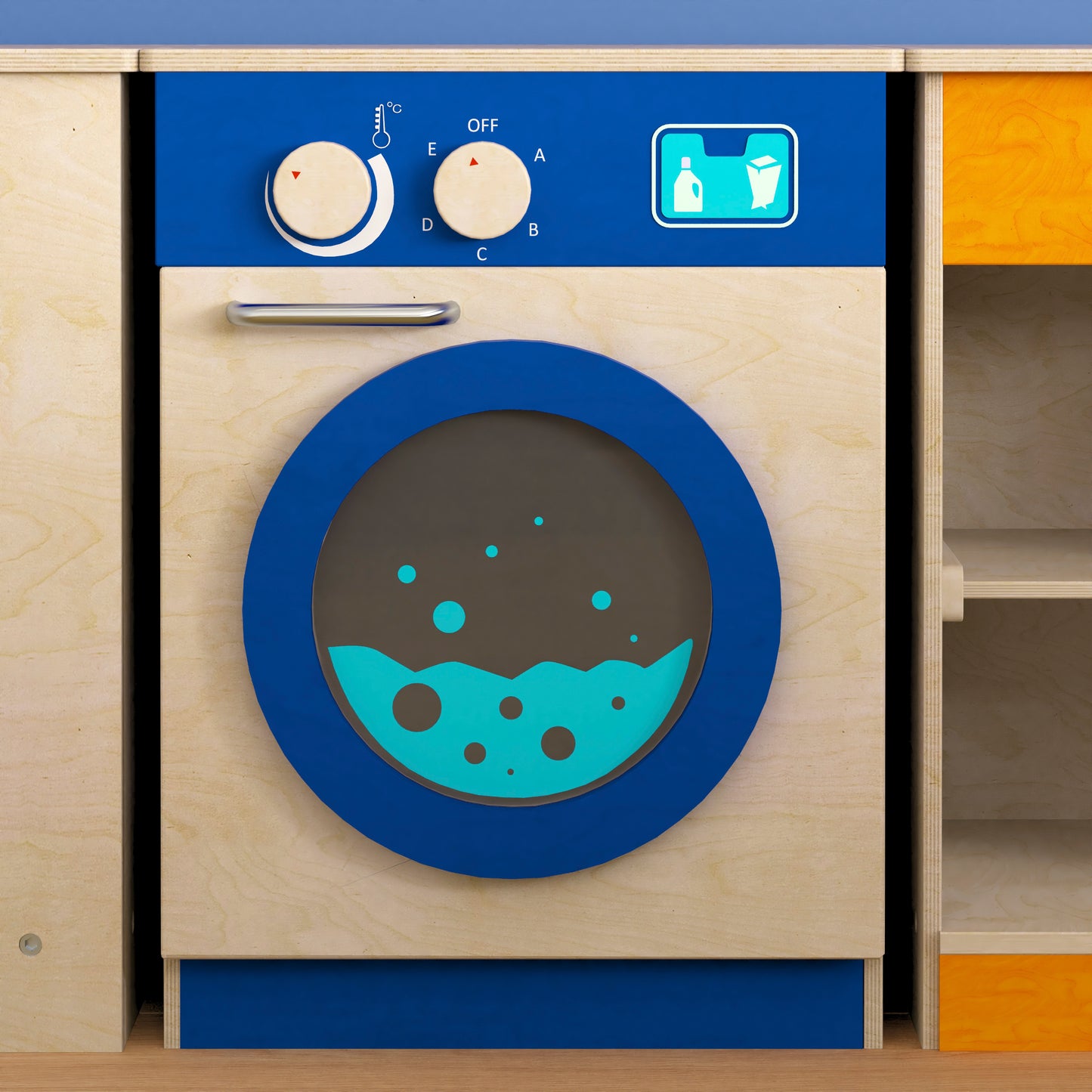 Bright Beginnings Commercial Grade Wooden Kid's Washing Machine with Integrated Storage and Turning Knobs Beech MK-ME03546-GG