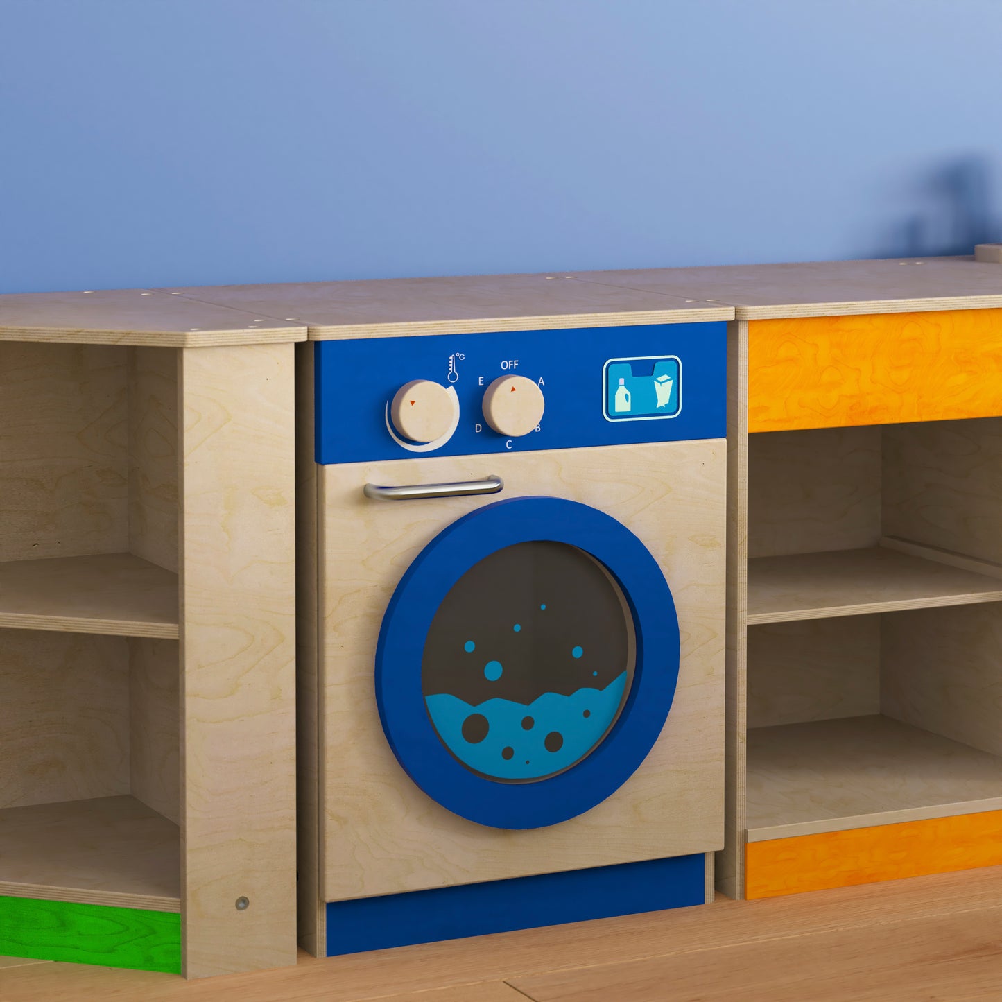 Bright Beginnings Commercial Grade Wooden Kid's Washing Machine with Integrated Storage and Turning Knobs Beech MK-ME03546-GG