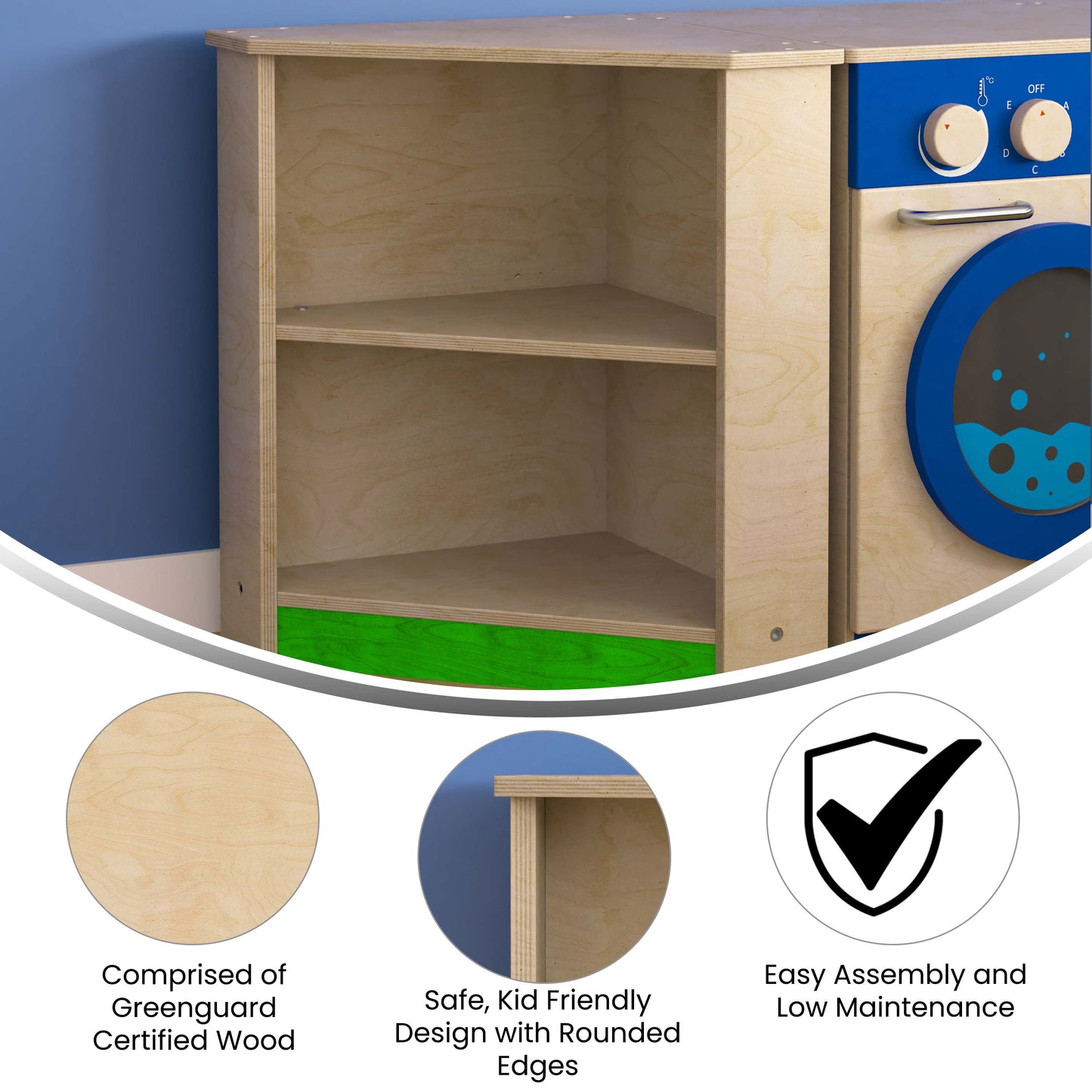 Bright Beginnings Commercial Grade Wooden Kid's Two Tier Corner Kitchen Cabinet Beech