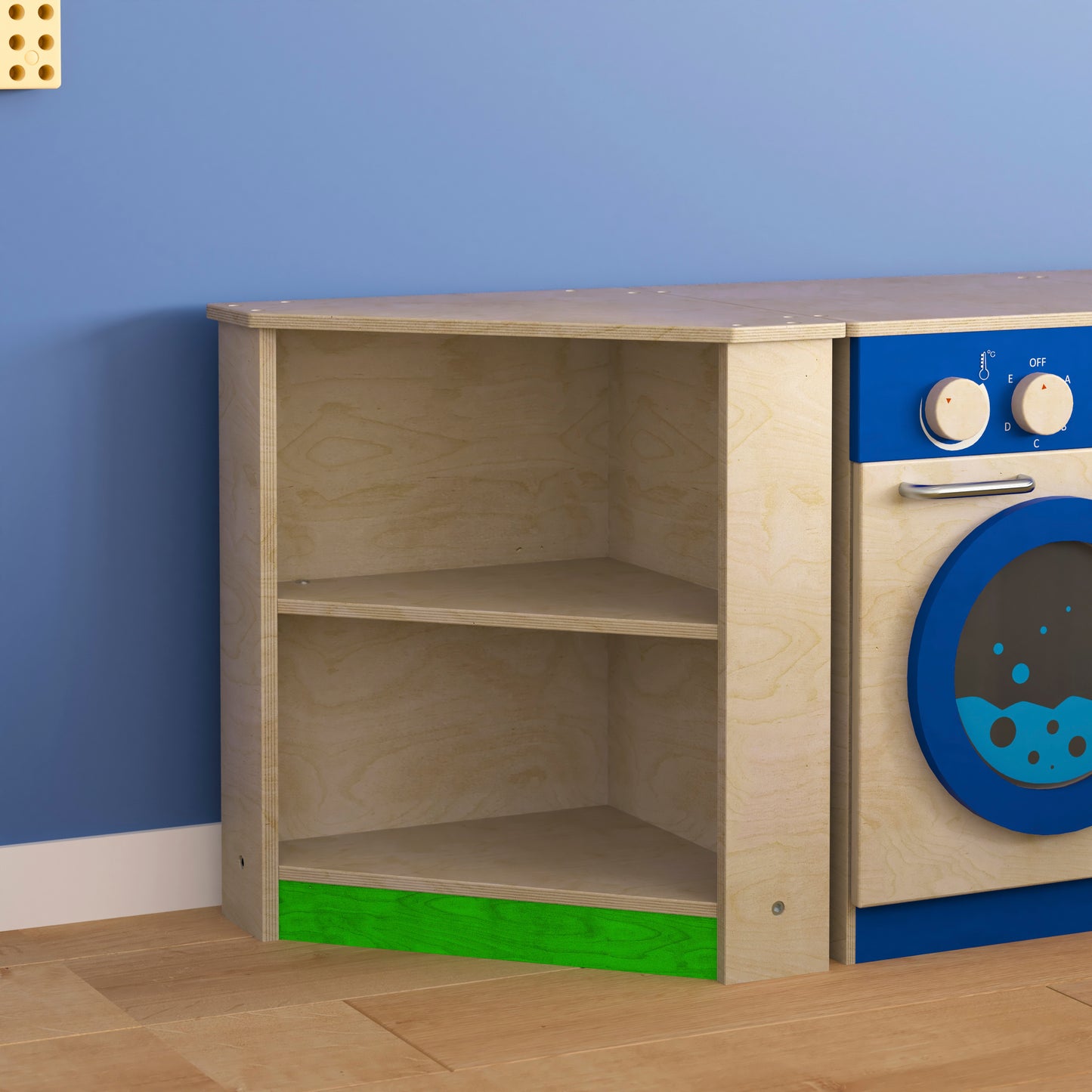 Bright Beginnings Commercial Grade Wooden Kid's Two Tier Corner Kitchen Cabinet Beech