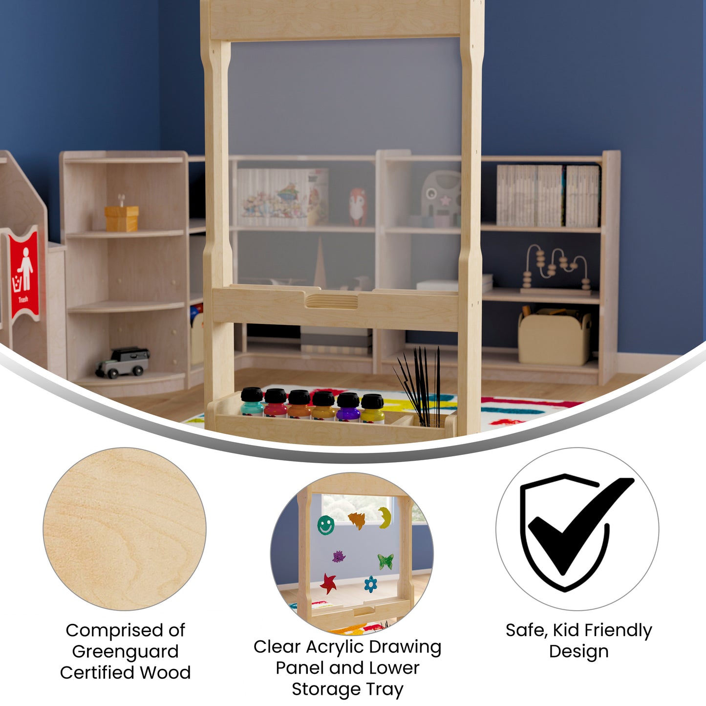 Bright Beginnings Commercial Double Sided Wooden Free-Standing STEAM Easel, Storage Tray, Acrylic Paint Window - Holds Two Accessory Panels, Natural Beech