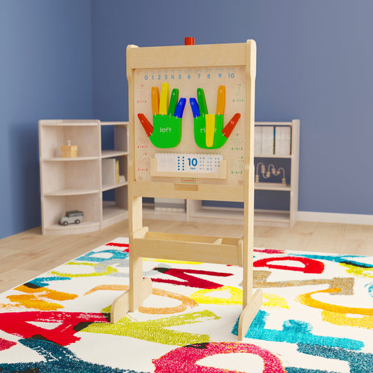 Bright Beginnings Commercial Double Sided Wooden Free-Standing STEAM Easel, Storage Tray, Acrylic Paint Window - Holds Two Accessory Panels, Natural Beech