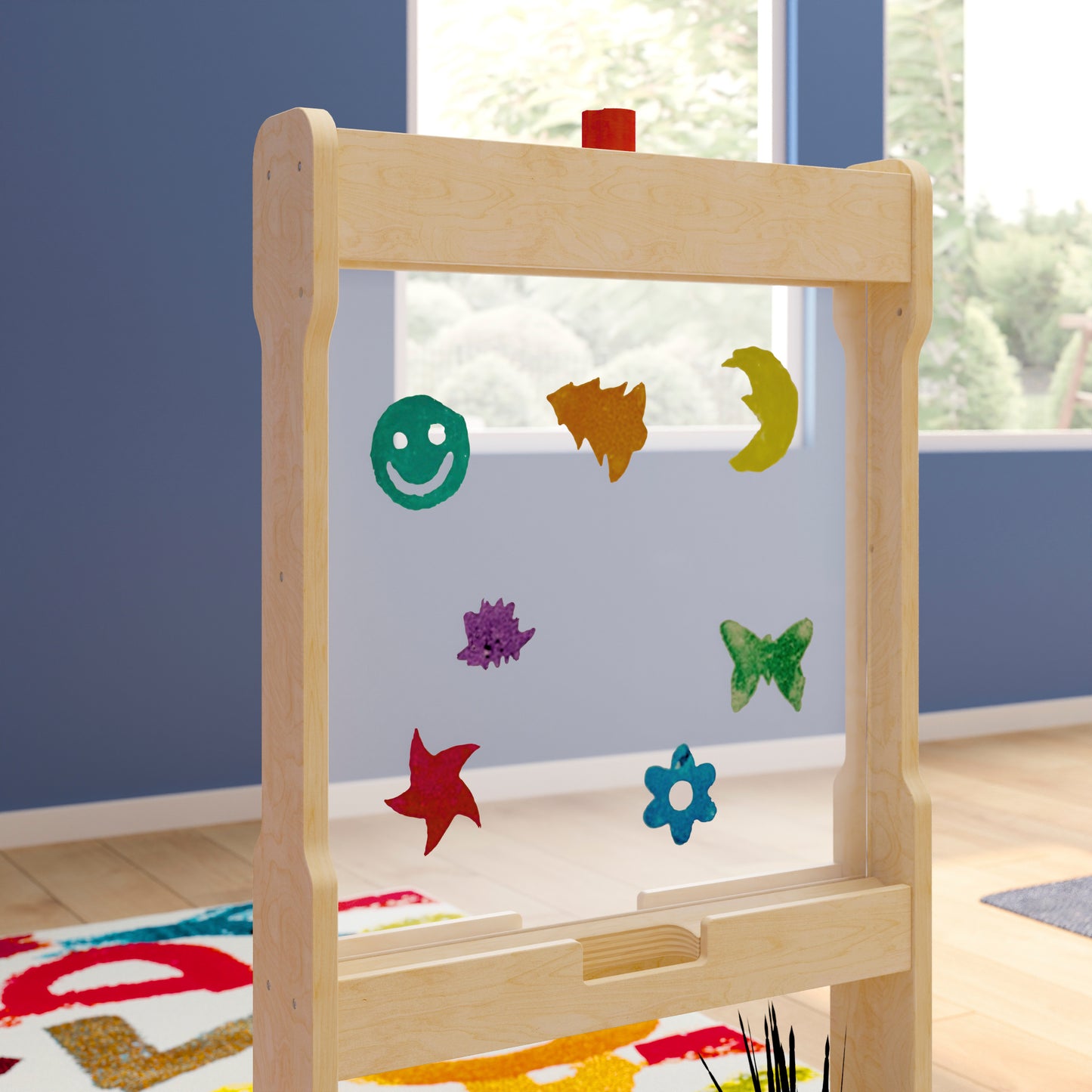 Bright Beginnings Commercial Double Sided Wooden Free-Standing STEAM Easel, Storage Tray, Acrylic Paint Window - Holds Two Accessory Panels, Natural Beech