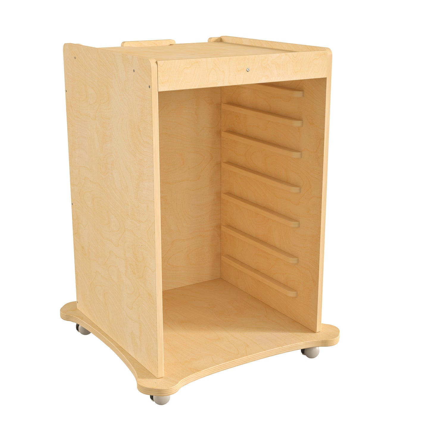 Bright Beginnings Commercial Space Saving Wooden Mobile STEAM Wall Accessory Board Storage Cart, Locking Caster Wheels, Kid Friendly Design, Natural Beech