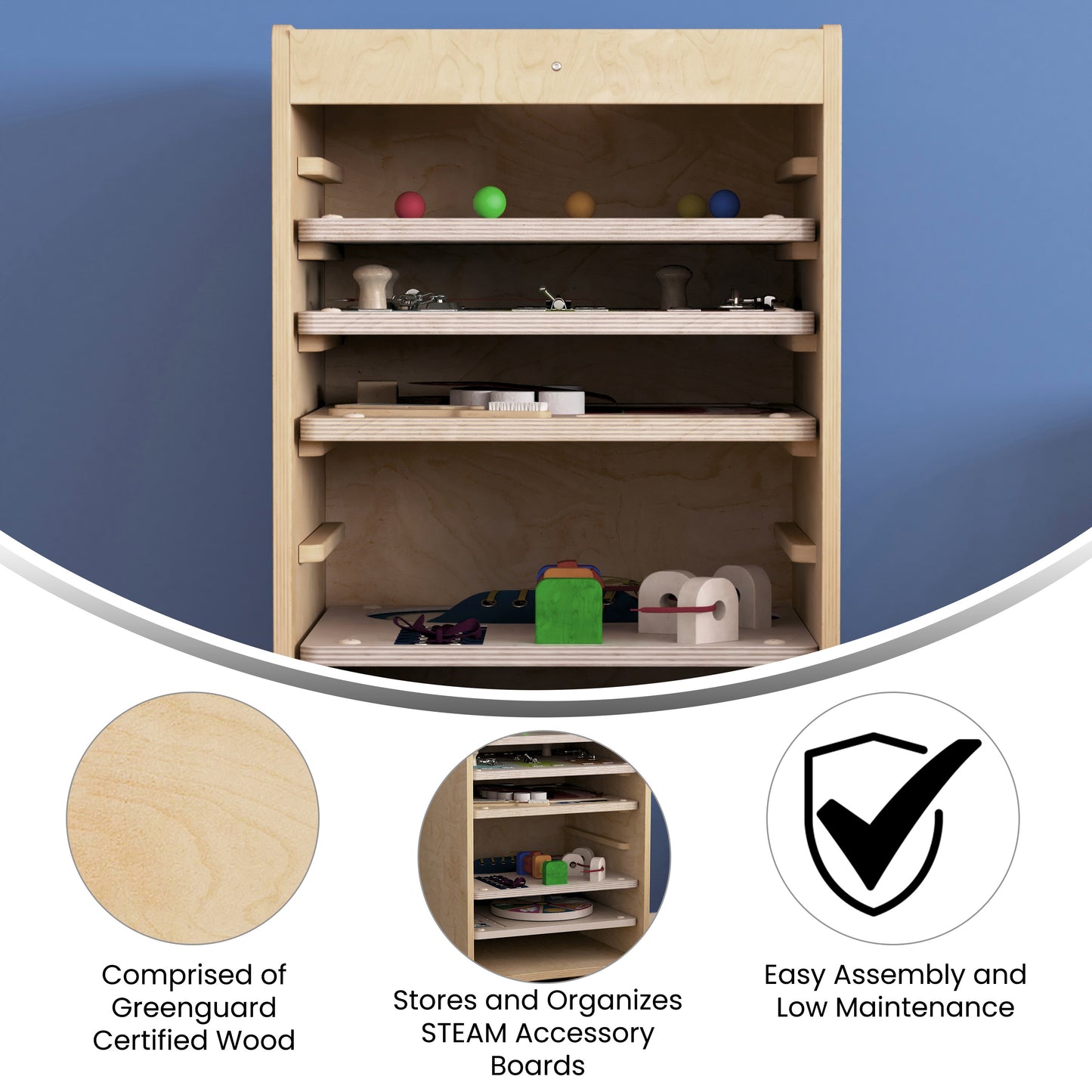 Bright Beginnings Commercial Space Saving Wooden Mobile STEAM Wall Accessory Board Storage Cart, Locking Caster Wheels, Kid Friendly Design, Natural Beech