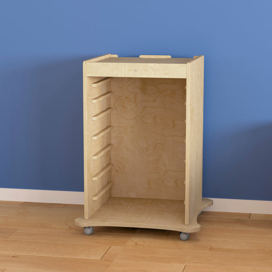 Bright Beginnings Commercial Space Saving Wooden Mobile STEAM Wall Accessory Board Storage Cart, Locking Caster Wheels, Kid Friendly Design, Natural Beech