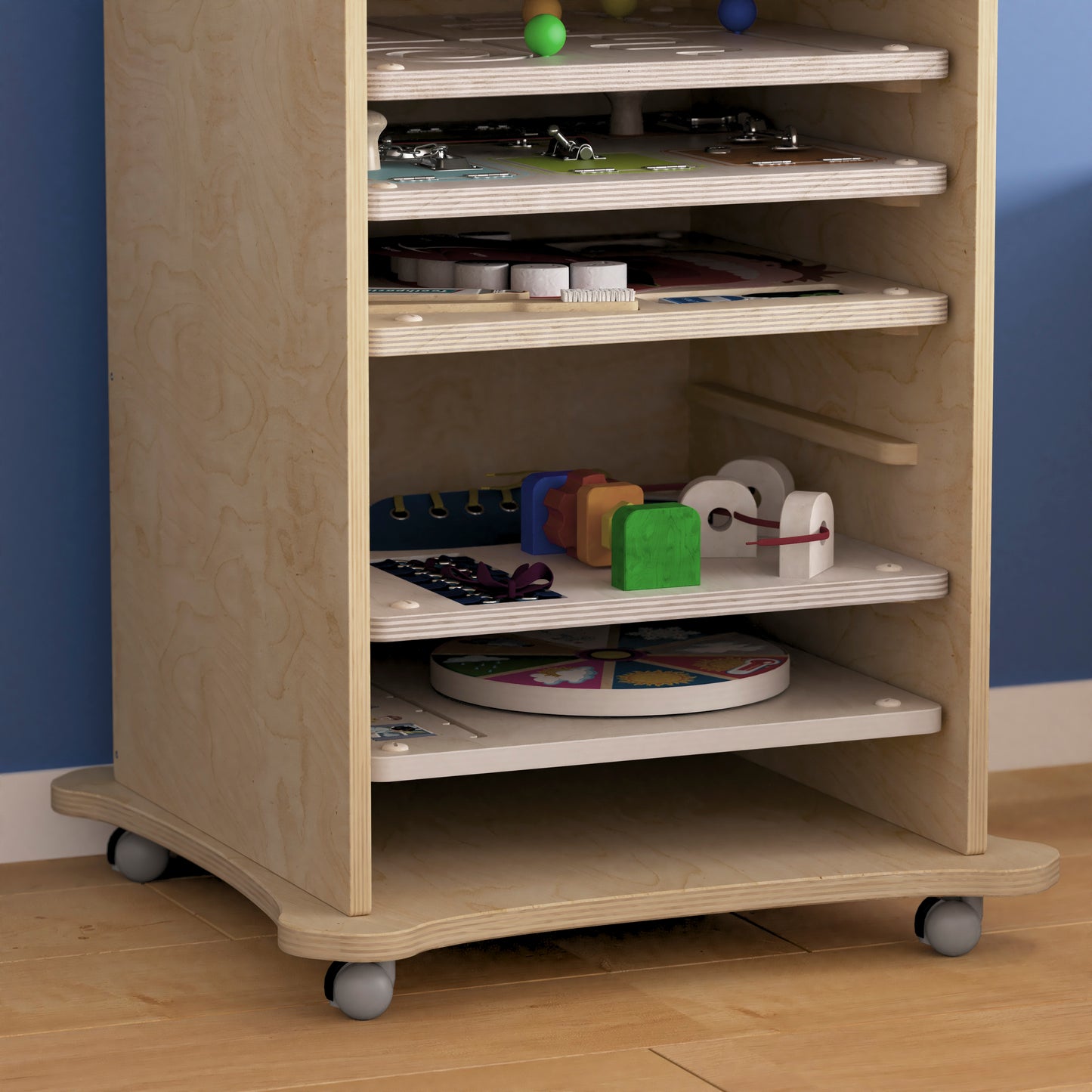 Bright Beginnings Commercial Space Saving Wooden Mobile STEAM Wall Accessory Board Storage Cart, Locking Caster Wheels, Kid Friendly Design, Natural Beech