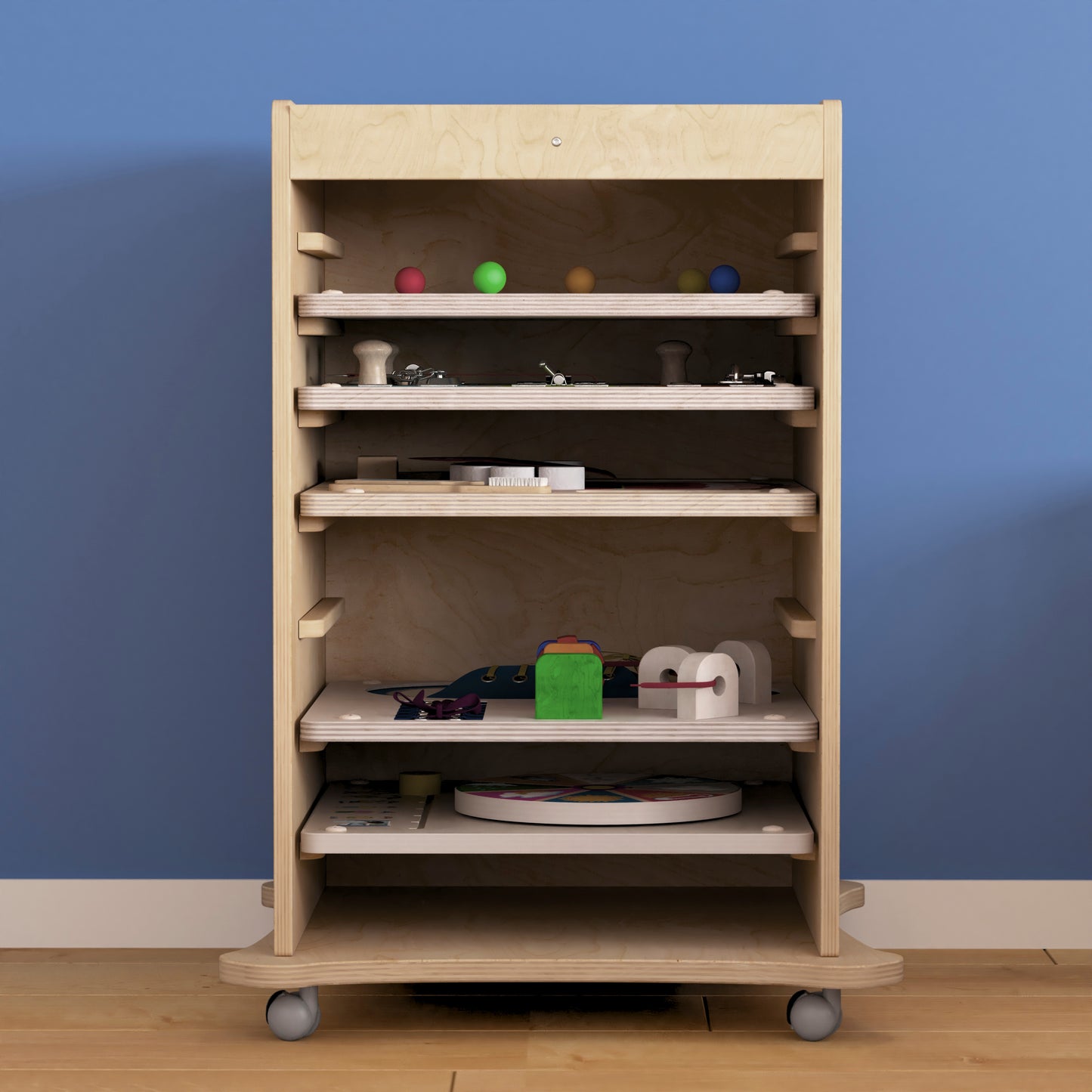 Bright Beginnings Commercial Space Saving Wooden Mobile STEAM Wall Accessory Board Storage Cart, Locking Caster Wheels, Kid Friendly Design, Natural Beech