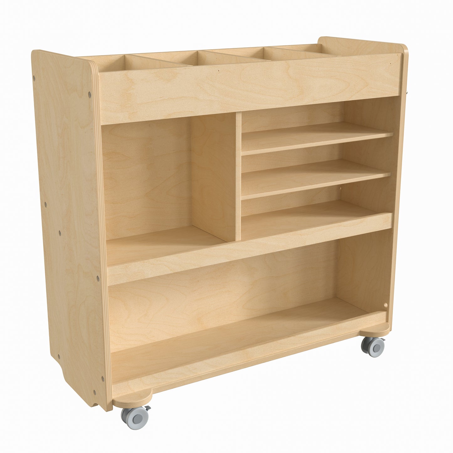 Bright Beginnings Commercial Grade Wooden Mobile Storage Cart with 4 Top Storage Compartments, 5 Cubbies and Locking Caster Wheels Beech