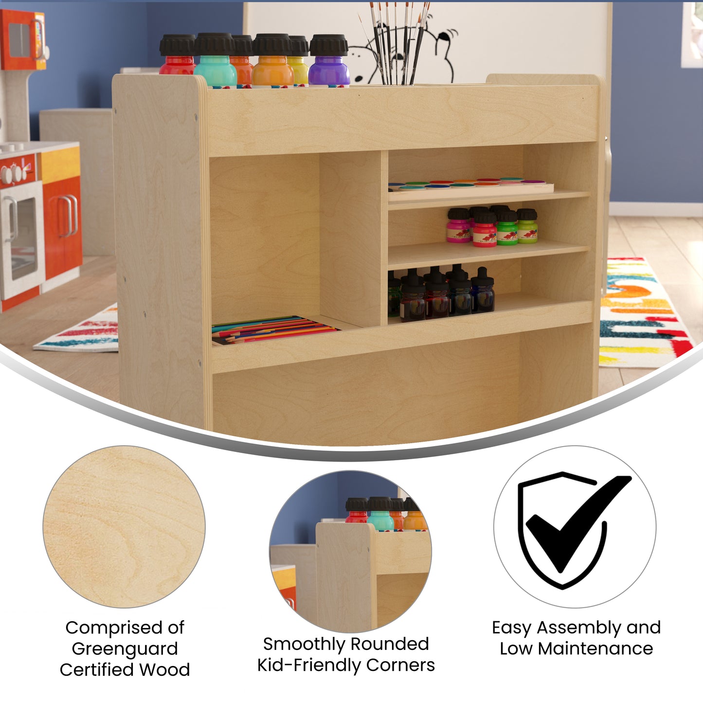 Bright Beginnings Commercial Grade Wooden Mobile Storage Cart with 4 Top Storage Compartments, 5 Cubbies and Locking Caster Wheels Beech