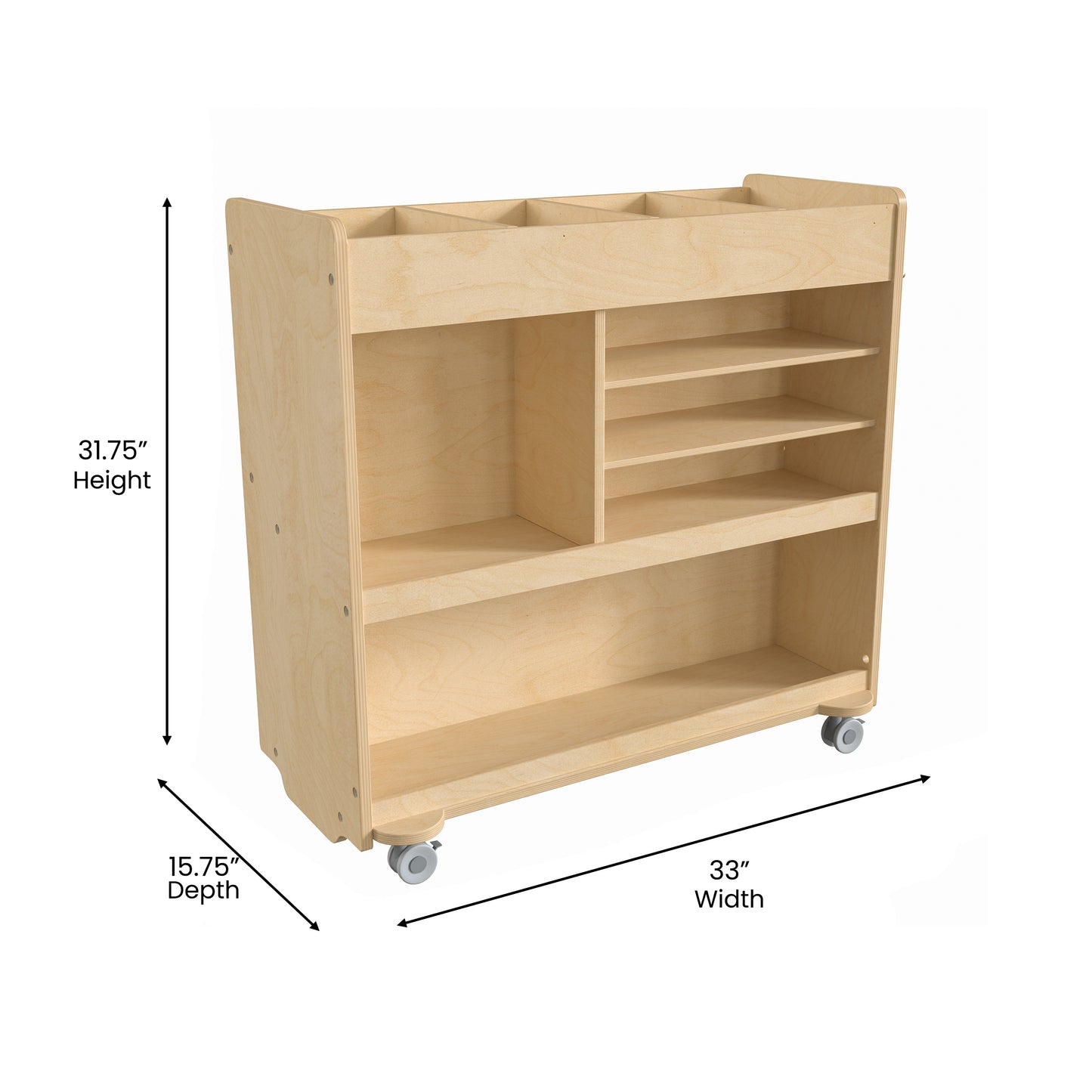 Bright Beginnings Commercial Grade Wooden Mobile Storage Cart with 4 Top Storage Compartments, 5 Cubbies and Locking Caster Wheels Beech